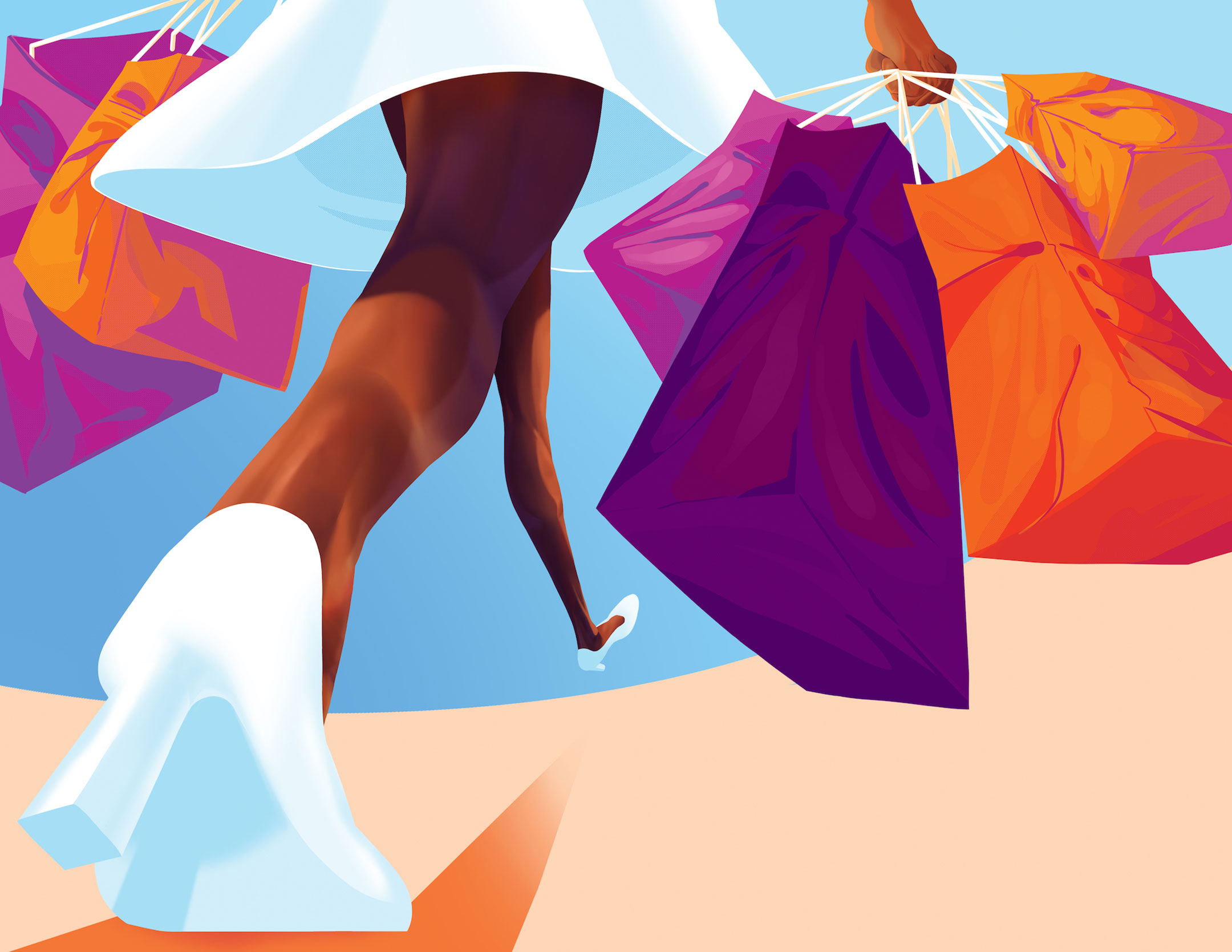 Illustration of a woman in a white dress and shoes, seen from below the calf, walking away while carrying purple and orange shopping bags