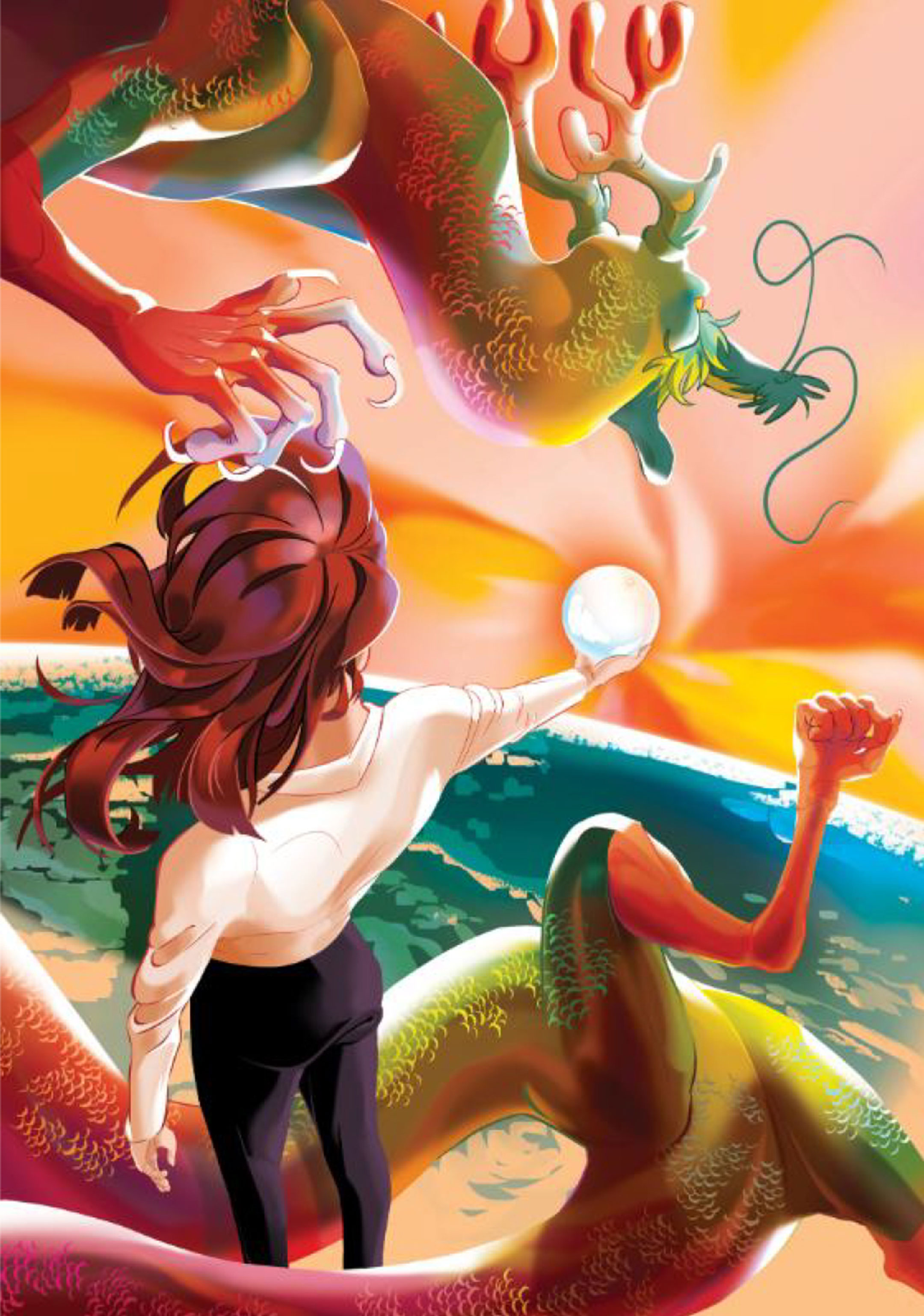 Illustration of a young woman, seen from behind, standing on a beach while holding a glowing orb as a dragon circles her