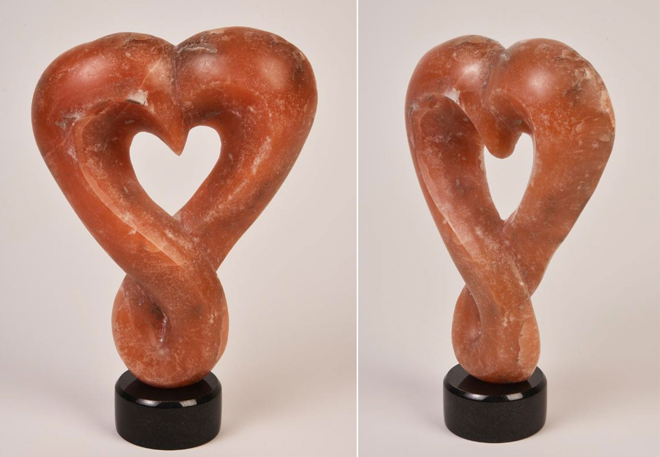 Two photos of a rock sculpture made to form a heart shape