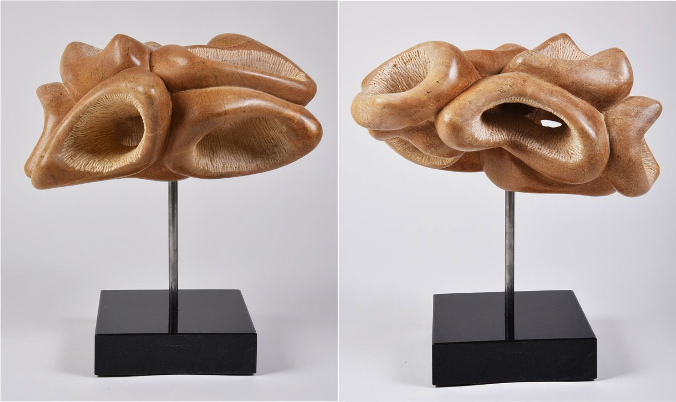 Two photos of a rock sculpture, elevated on a rod, shaped like an aquatic mass
