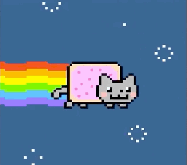 Animated gif of a cat with a pop tart body running through space with a rainbow trailing it
