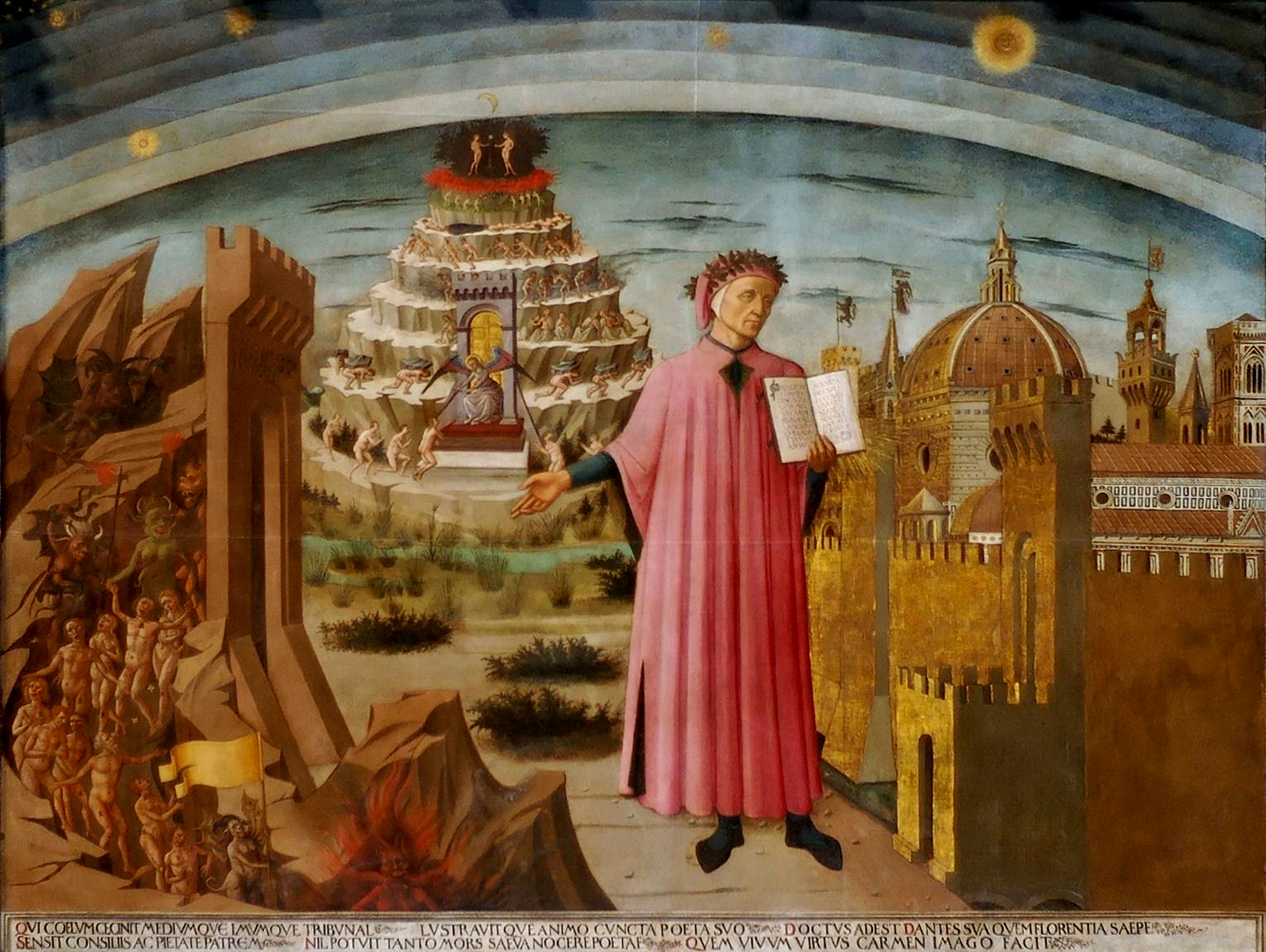 Painting of the poet Dante holding a book in front of a scene depicting Hell, Purgatory, and Paradise