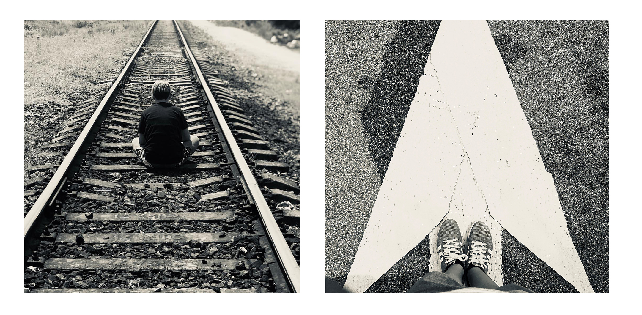 Two black and white photos, side by side, the one on the left of a young man sitting on a train track with his back to the camera, the one on the right a person standing on a white arrow printed on the street