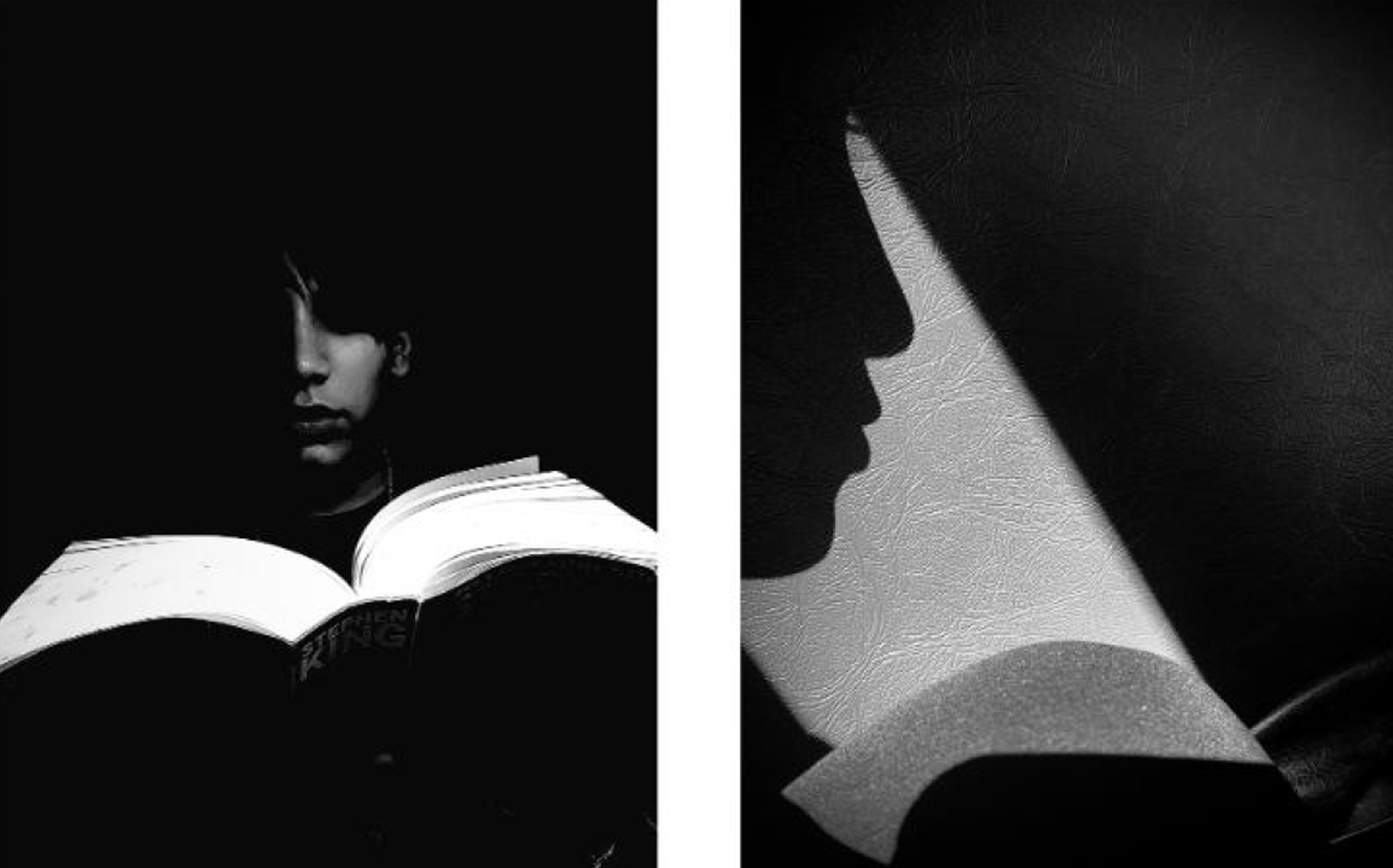 Two black and white photos, side by side, the one on the left of a young man reading a novel in darkness, the one on the right of a young person in silhouette 