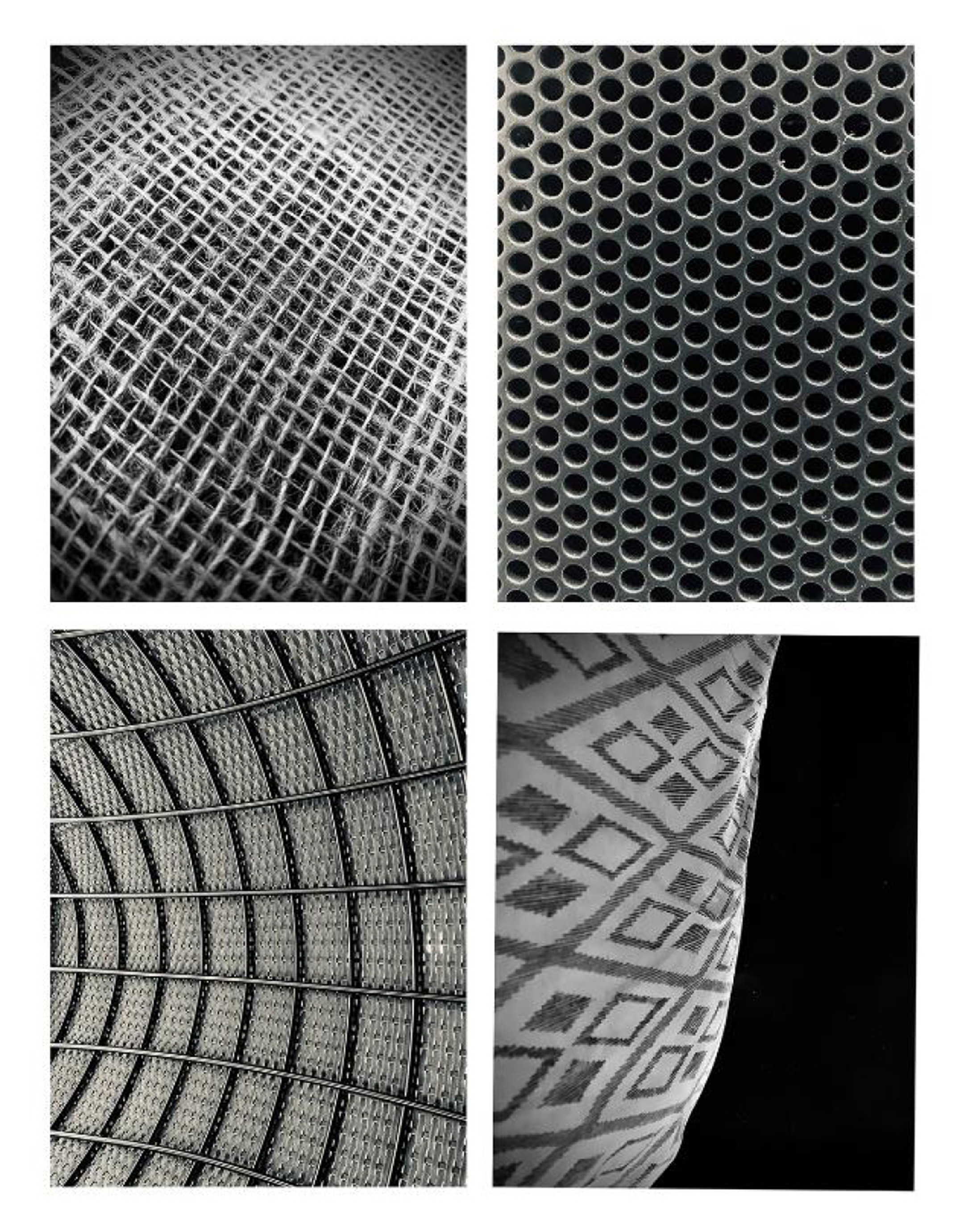 A grid of four black and white photos, two by two, of closeups of grates and walls