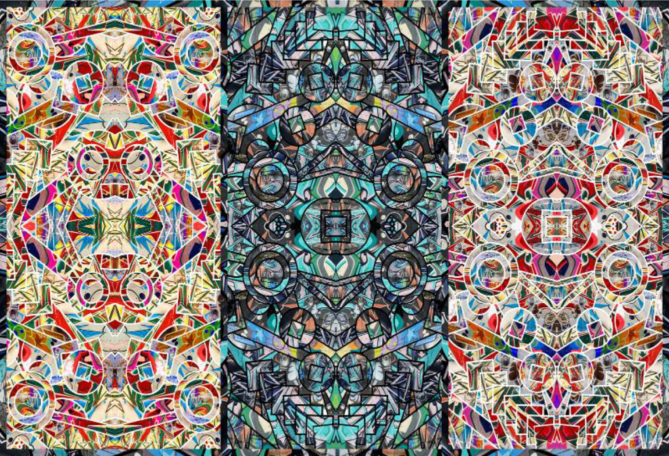 Three rectangles of kaleidoscopic graffiti imagery done in the style of stained glass