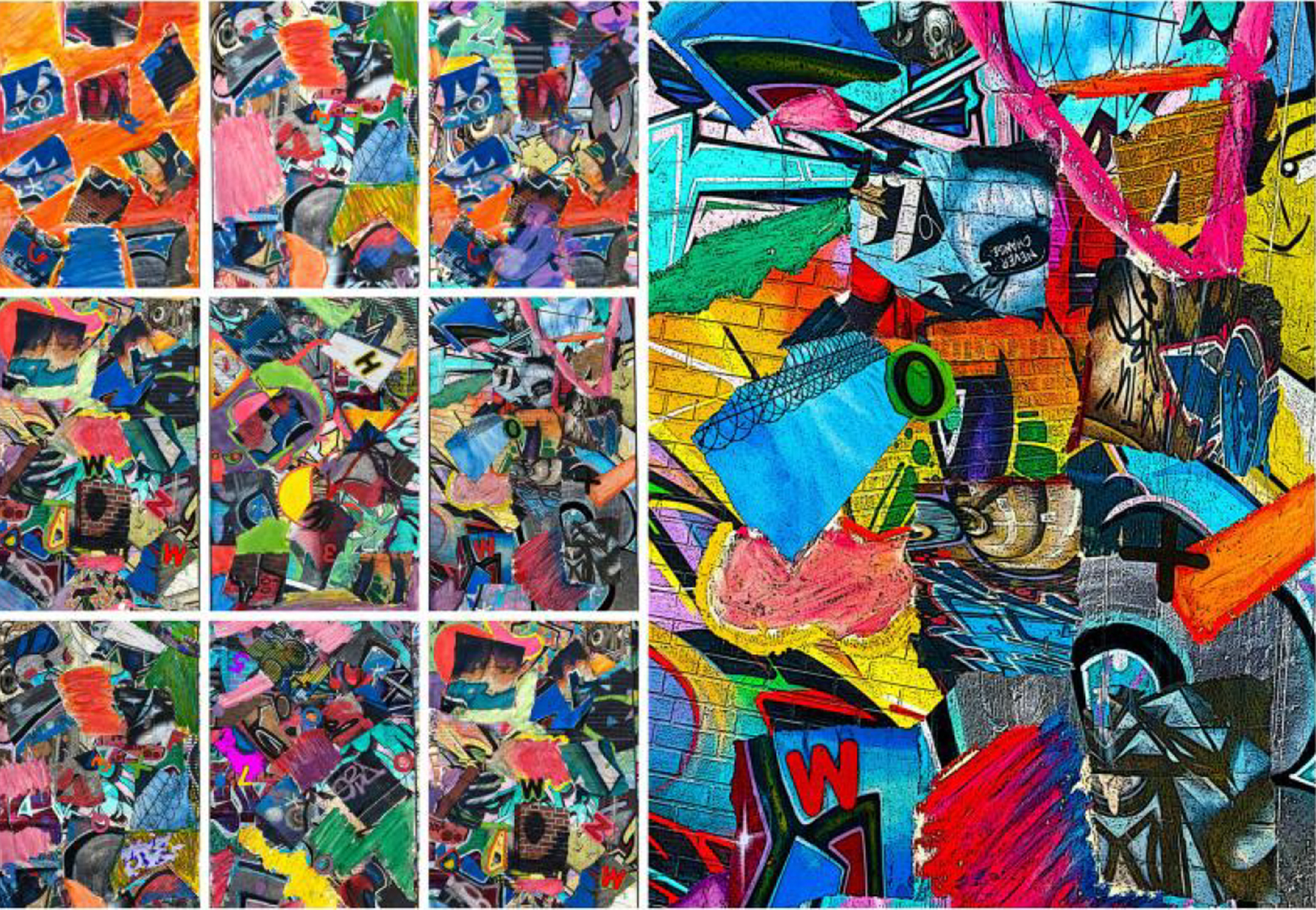 A grid of nine graffiti images, three by three, to the left of a larger panel of graffiti work