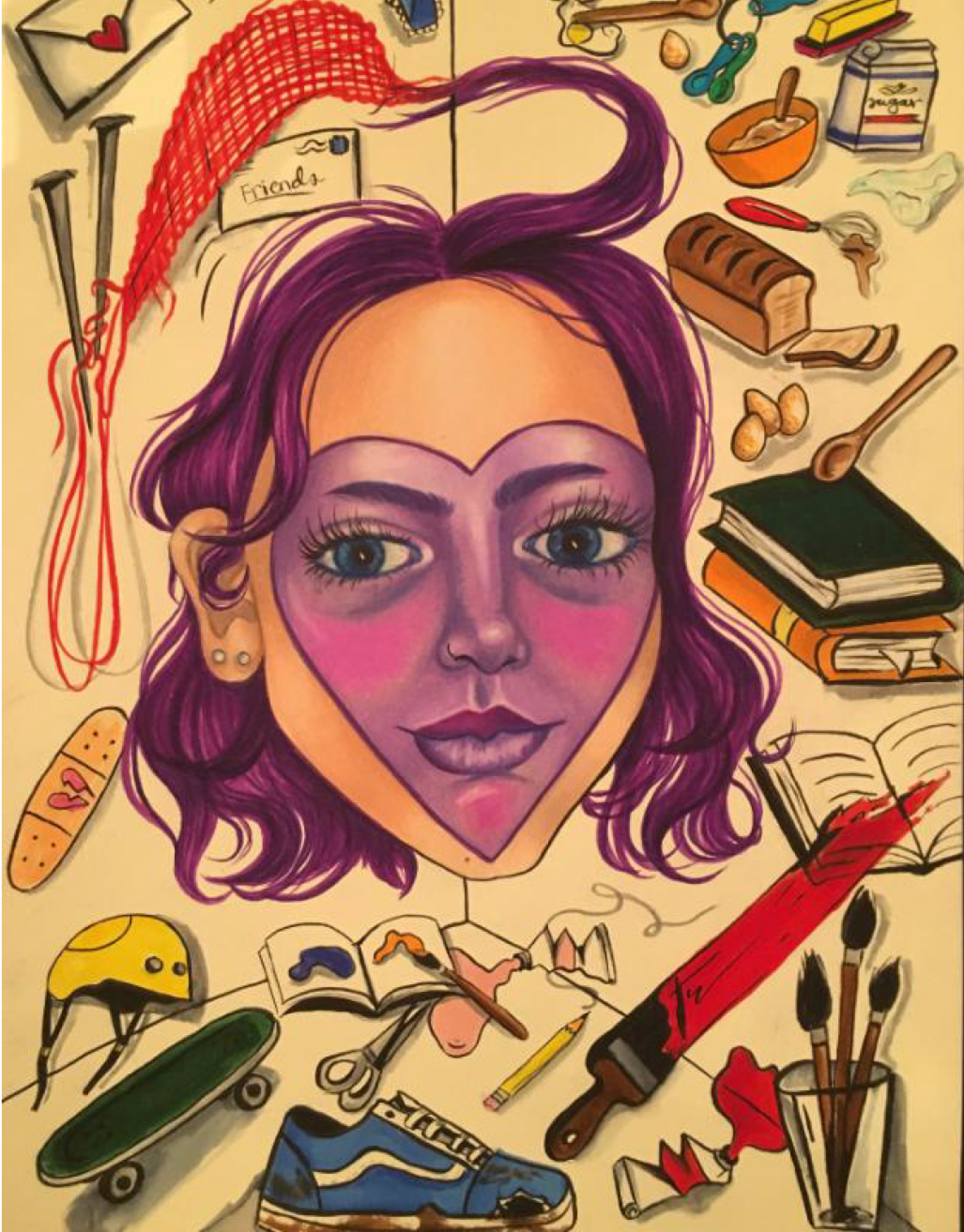 Collage of images -- books, sneakers, skateboards, pens and pencils and paintbrushes -- surrounding the head of a young woman, smiling gently with a heart over her face