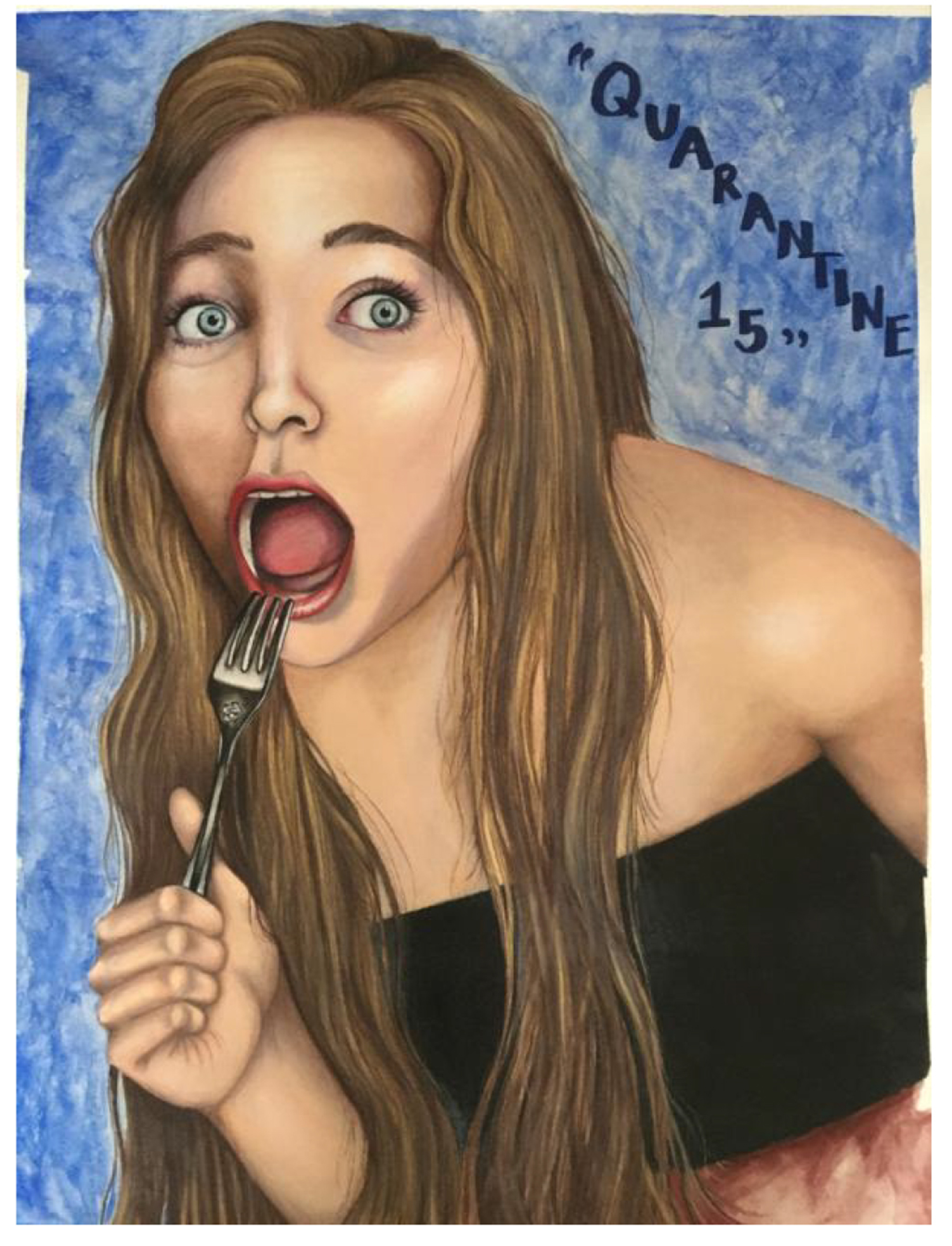 Illustration of a young woman holding a fork at her open mouth