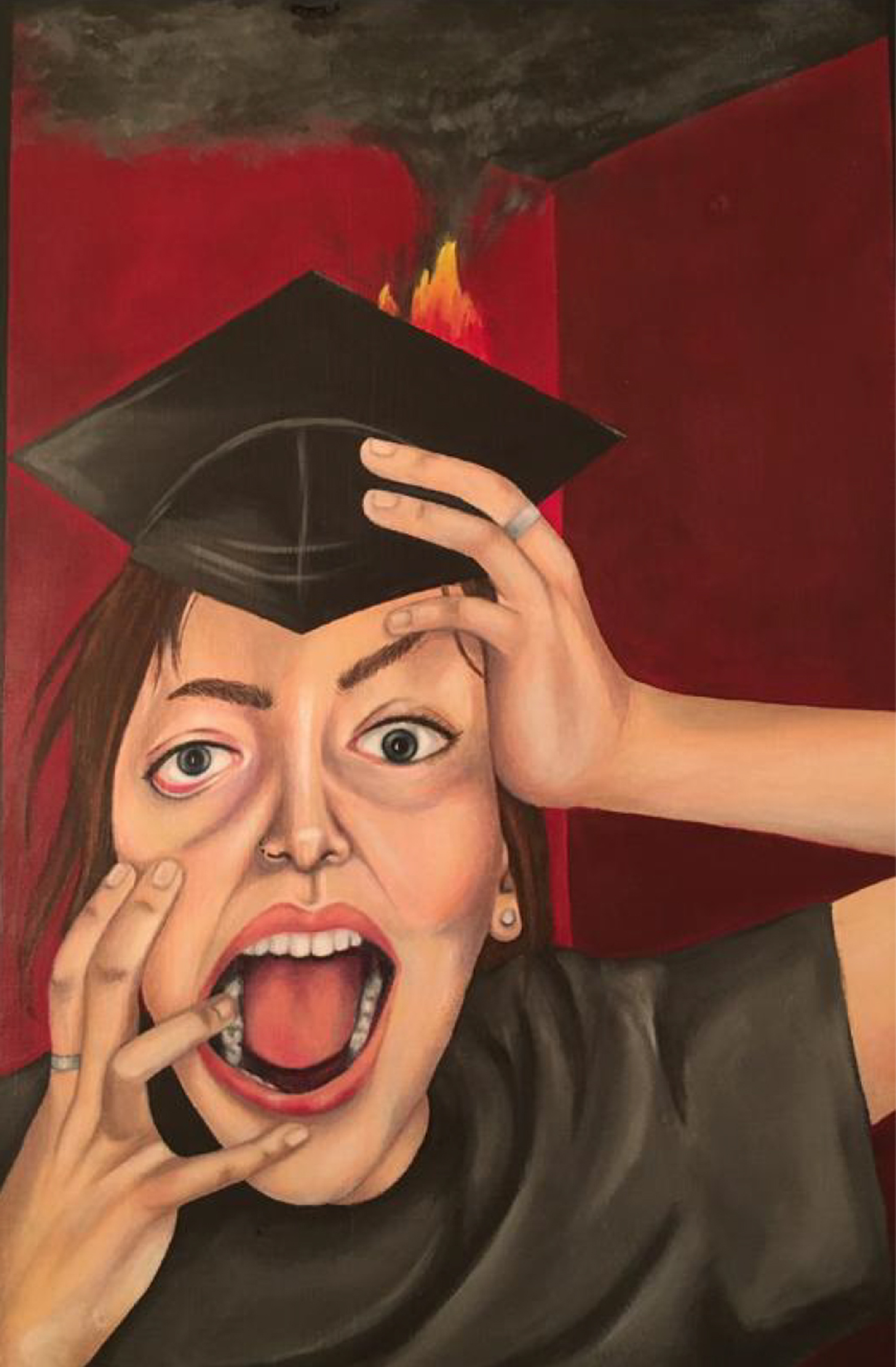 Illustration of a young woman in a black t-shirt and graduation cap holding her face and head as she screams