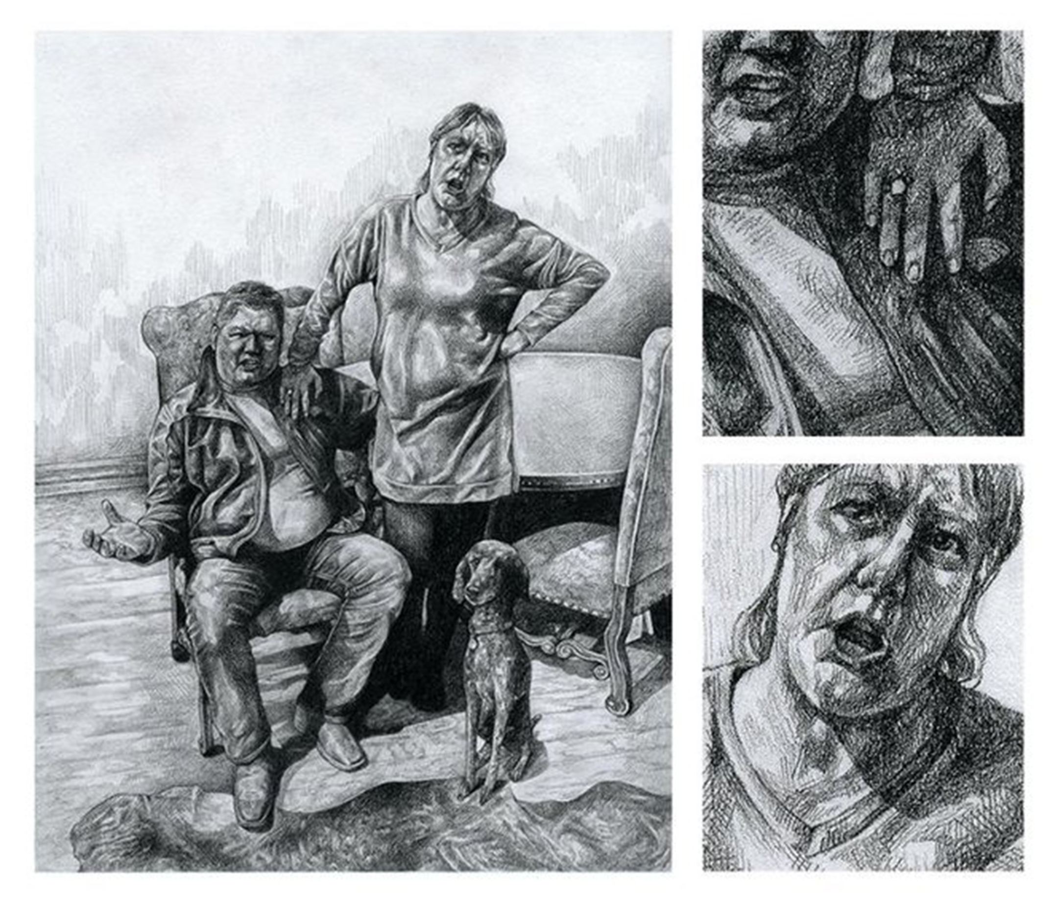 Process images of black and white drawing of seated man and standing woman, detailing closeups of the woman's hand on the man's shoulder and the woman's face