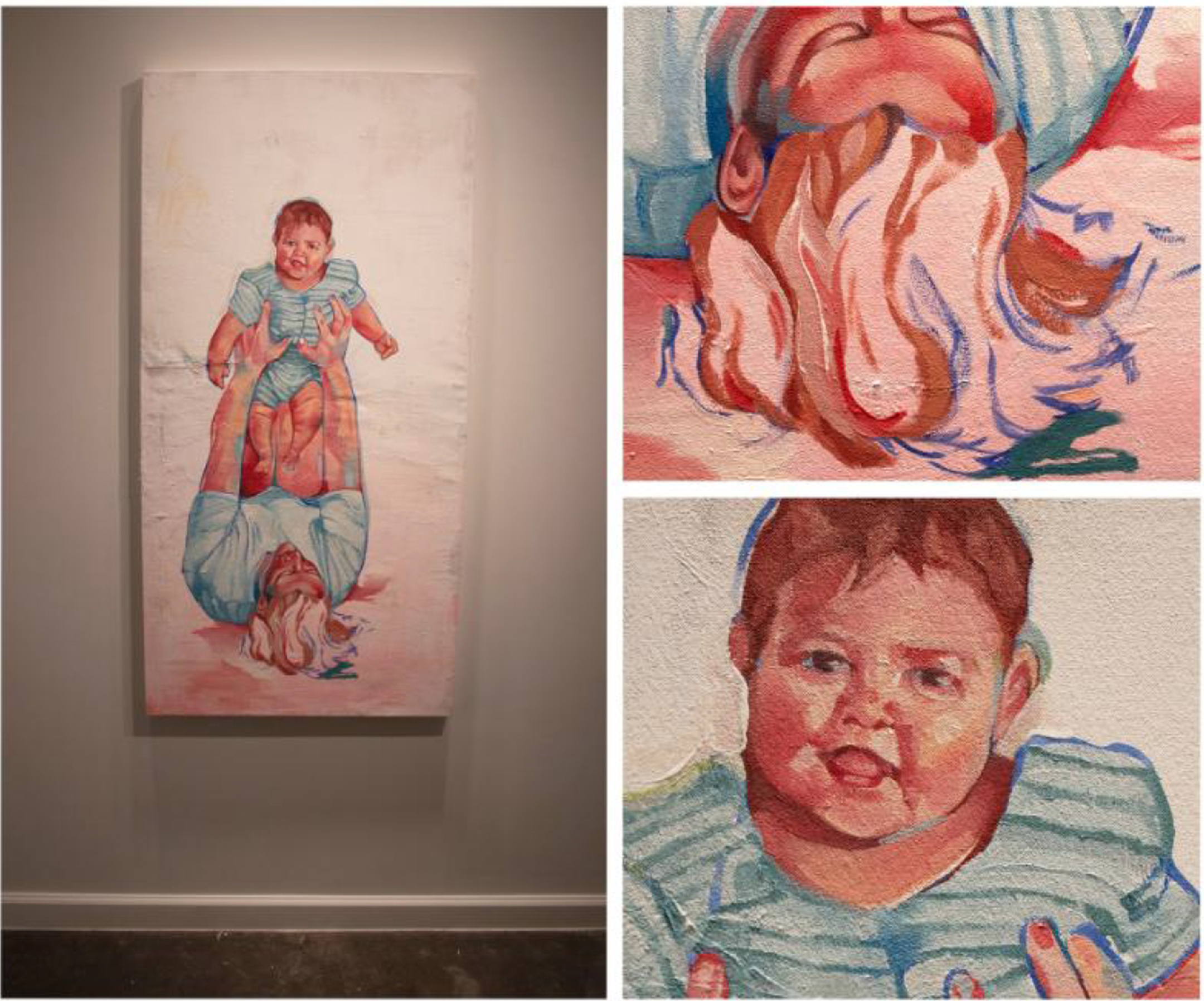 Painting of a woman on her back holding up a smiling baby, done in pinks and blues, with a close up of the baby on the right