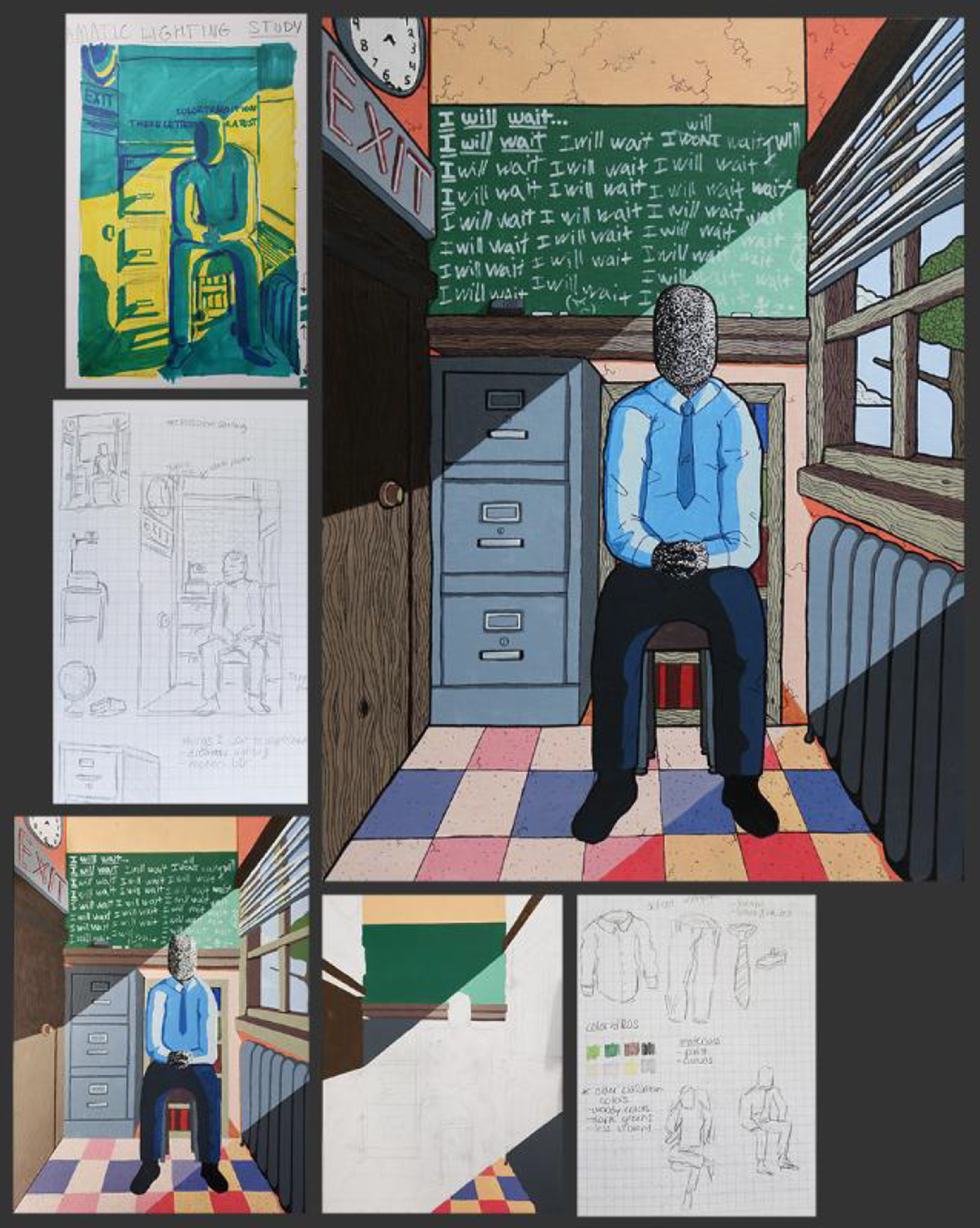 Illustration of a seated man in a cramped office with a covering over his head; the illustration is bordered, from top left to bottom right, of process images of the main work