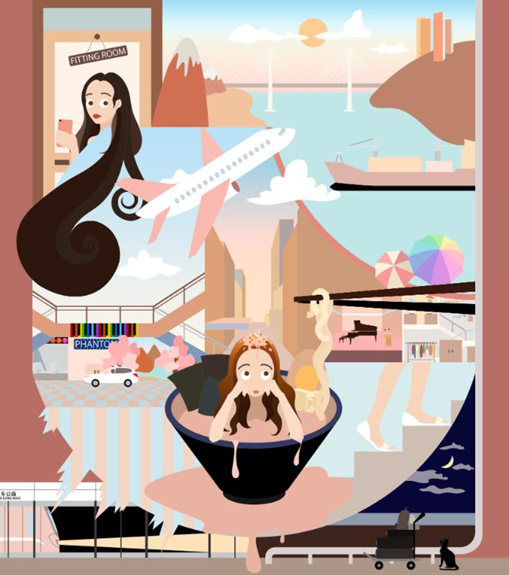 Illustration of a young woman in a ramen bowl surrounded by images of travel and other whimsical things