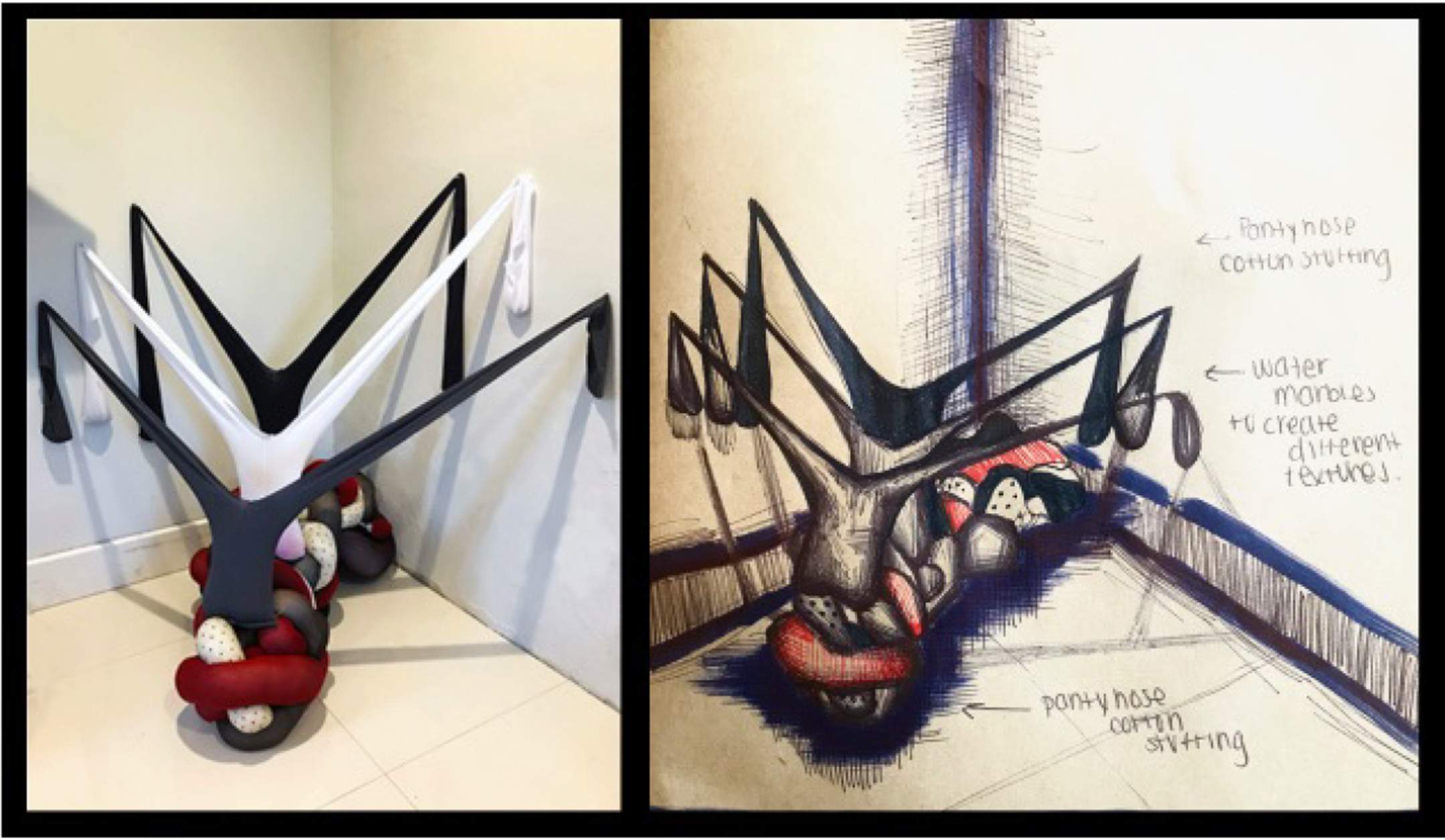 A mixed-media sculpture sitting in the corner and attached to the two walls, on the left, and a sketch of the work on the right