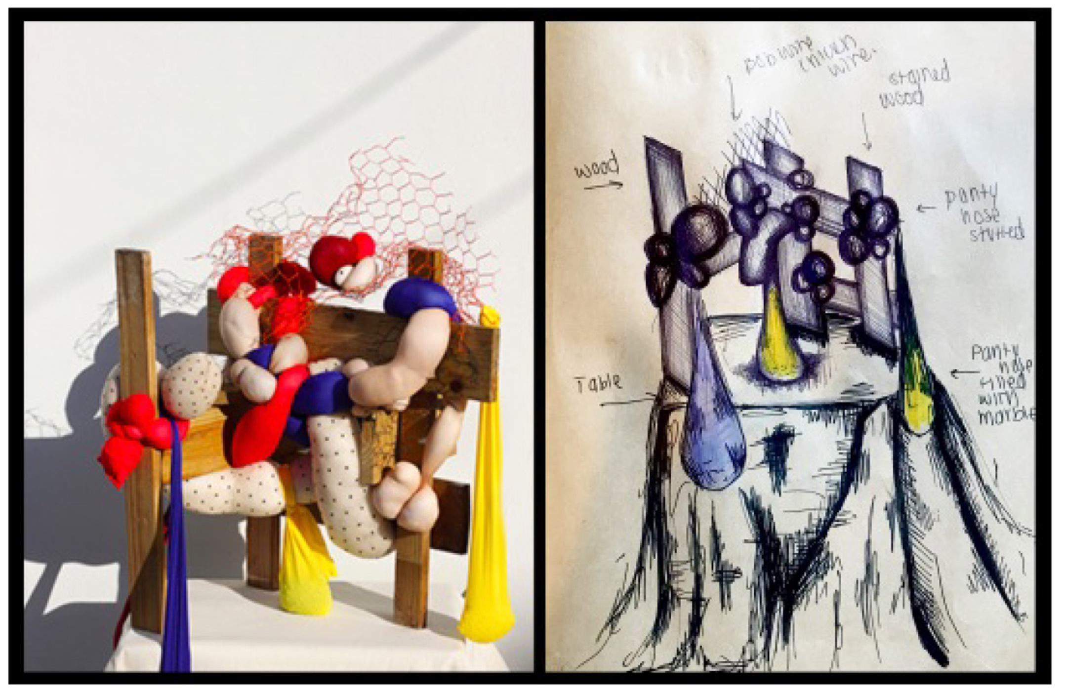 A mixed-media sculpture wrapping around a wood frame, on the left, and a sketch of the work on the right
