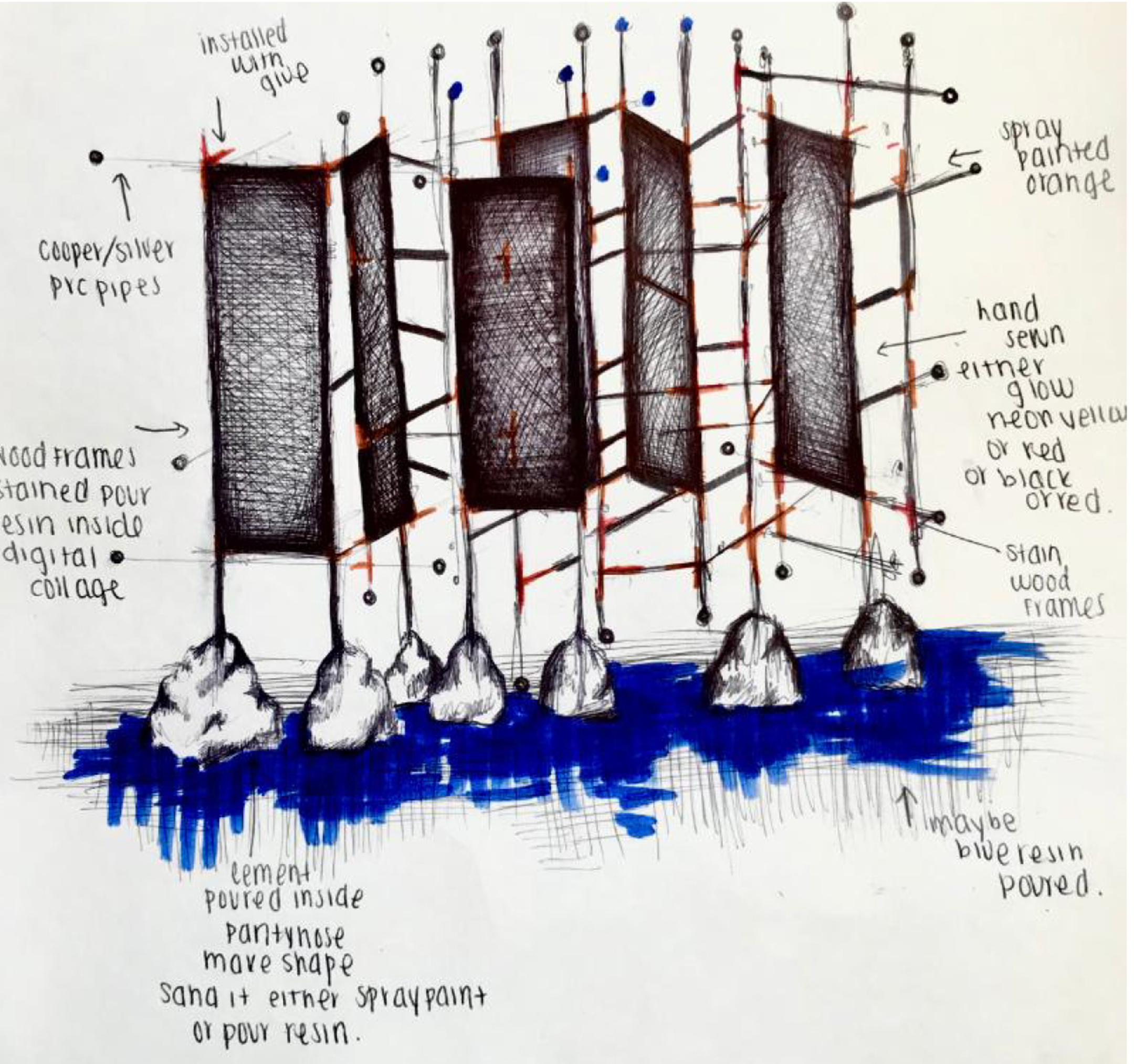 Sketch of a work in progress, depicting six gray rectangles hung on wire and erected on white whipped cream-like stands