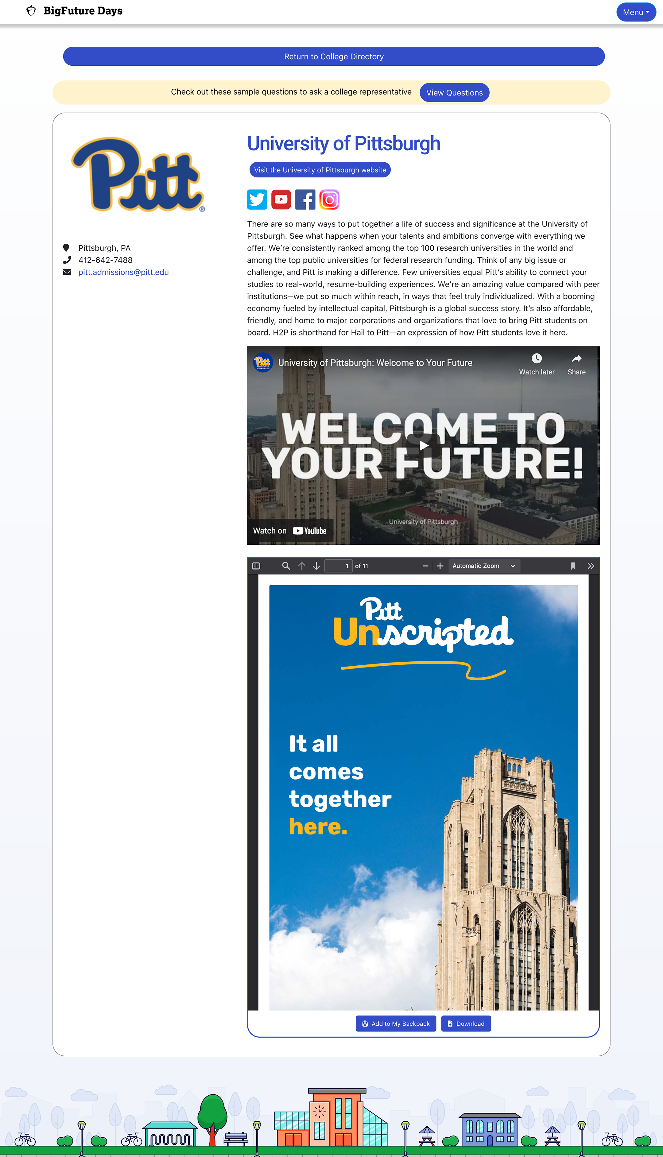 Screenshot showing the University of Pittsburgh logo above a YouTube clip from the school, which itself is above a PDF brochure for the school