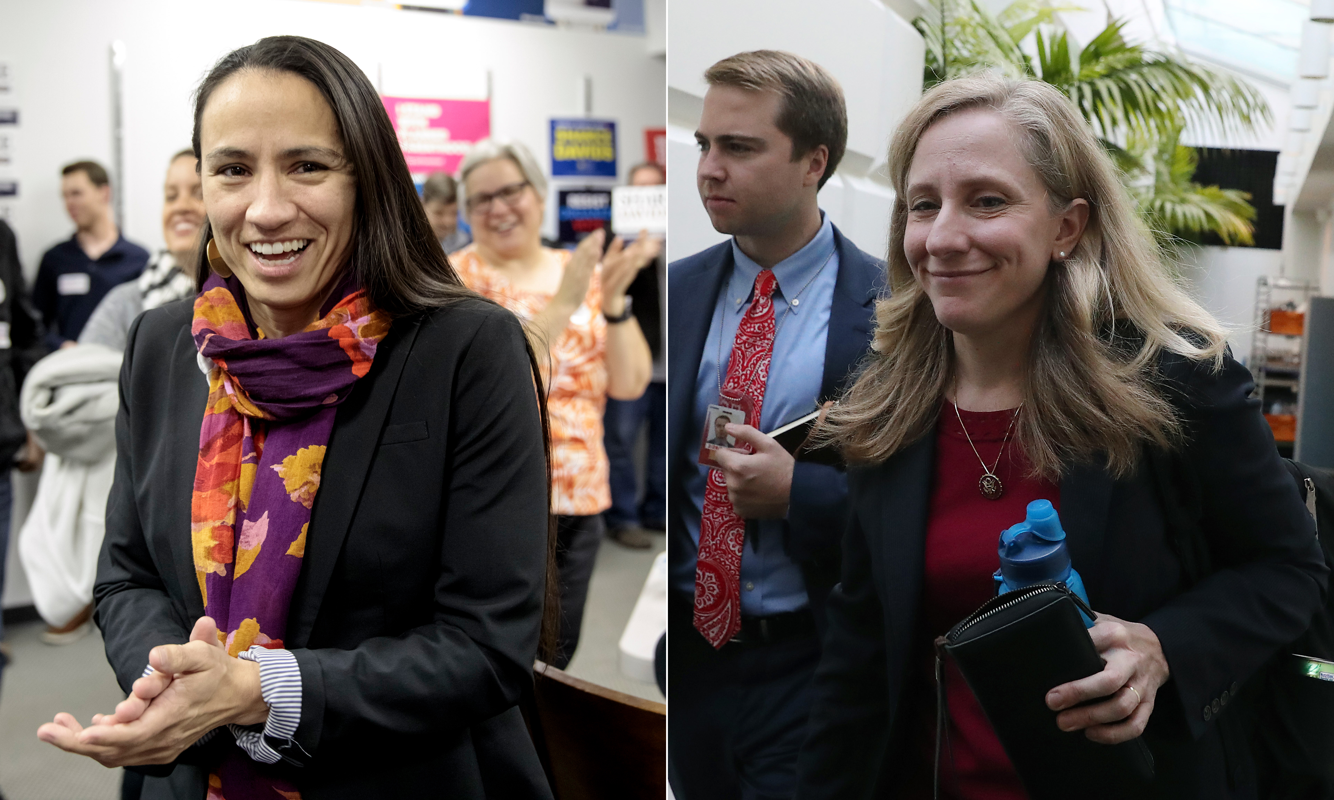 Two images, side by side, of Sharice Davids smiling on the left and Abigail Spanberger leaving a meeting on the right