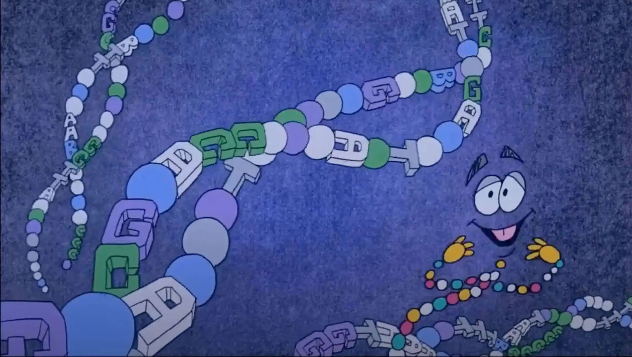 Still from an cartoon showing an animated DNA helix and a comic representation of a DNA helix