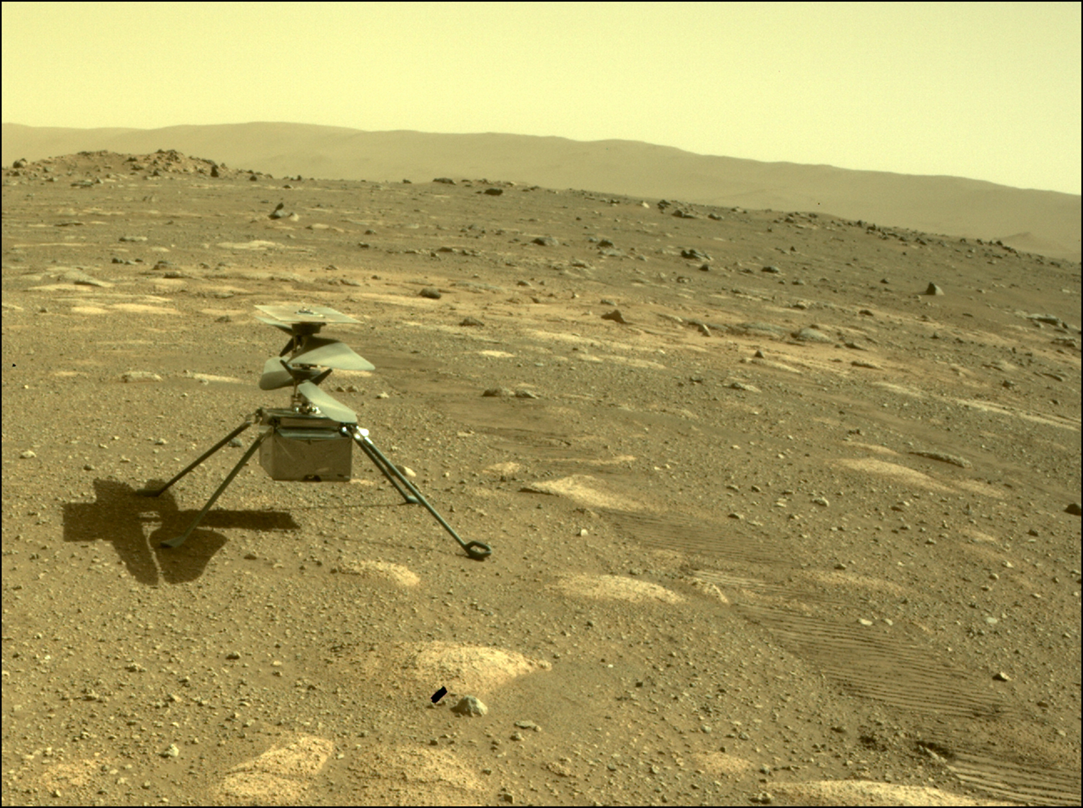 Photo of a small helicopter parked on the Martian surface