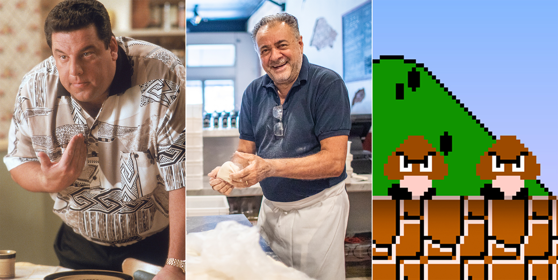 Three photos in a row showing, from left, a dark haired Italian man pointing at himself, an older Italian man holding pizza dough, and a screenshot from Super Mario Bros.