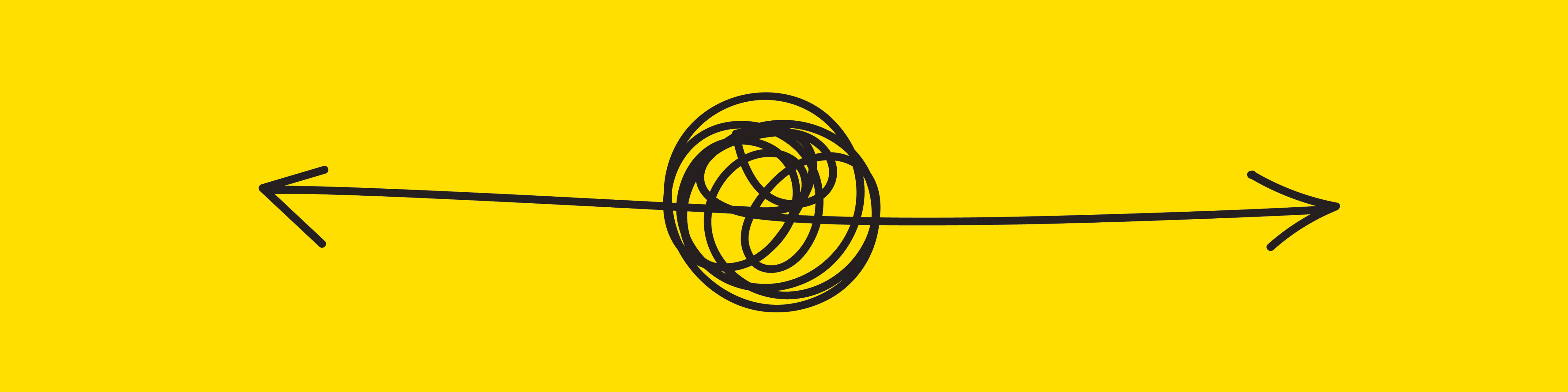 Hand drawn arrows on a yellow background pointing in different directions, with a circular swirl of lines at the center