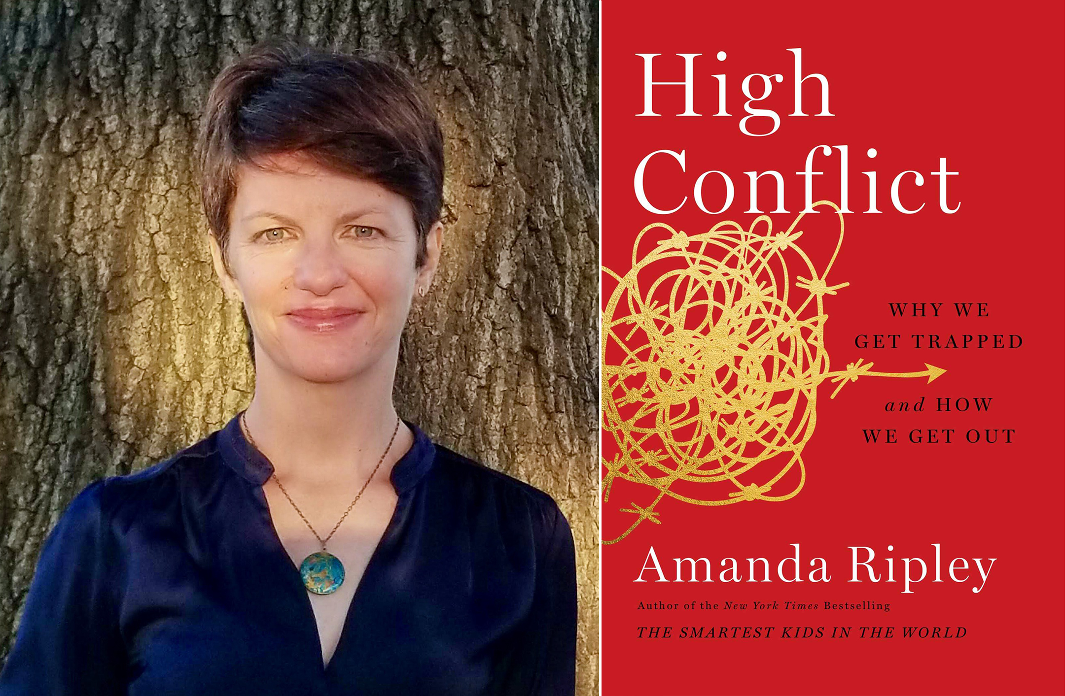 Author photo of Amanda Ripley on the left and the cover of her book High Conflict on the right