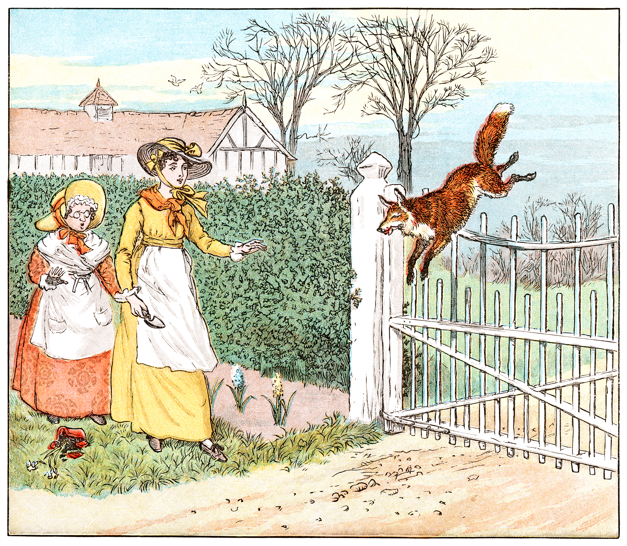 Illustration of a fox jumping over a fence