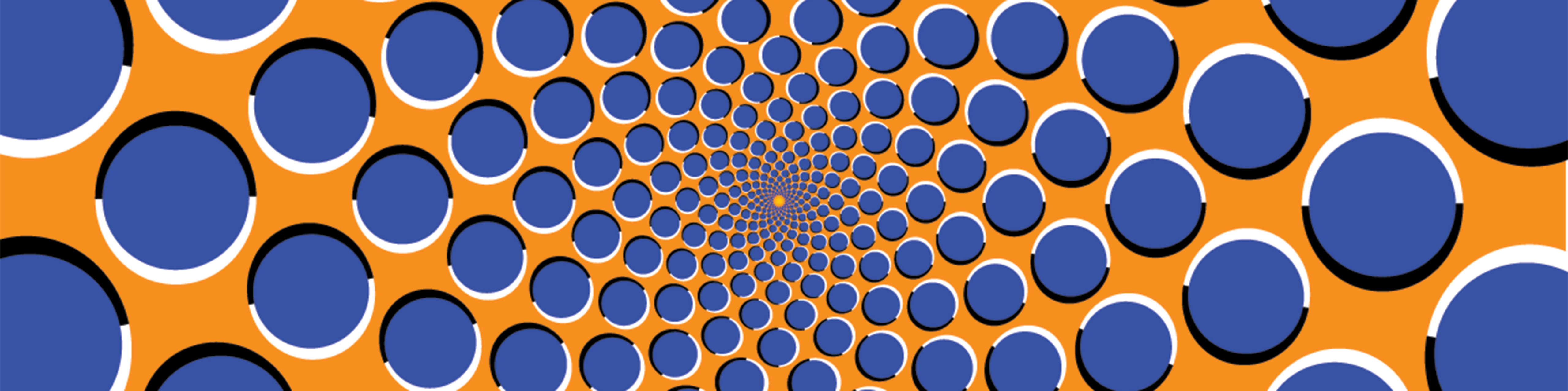 Blue dots on an orange background illustrated to create the optical illusion that it's swirling counterclockwise