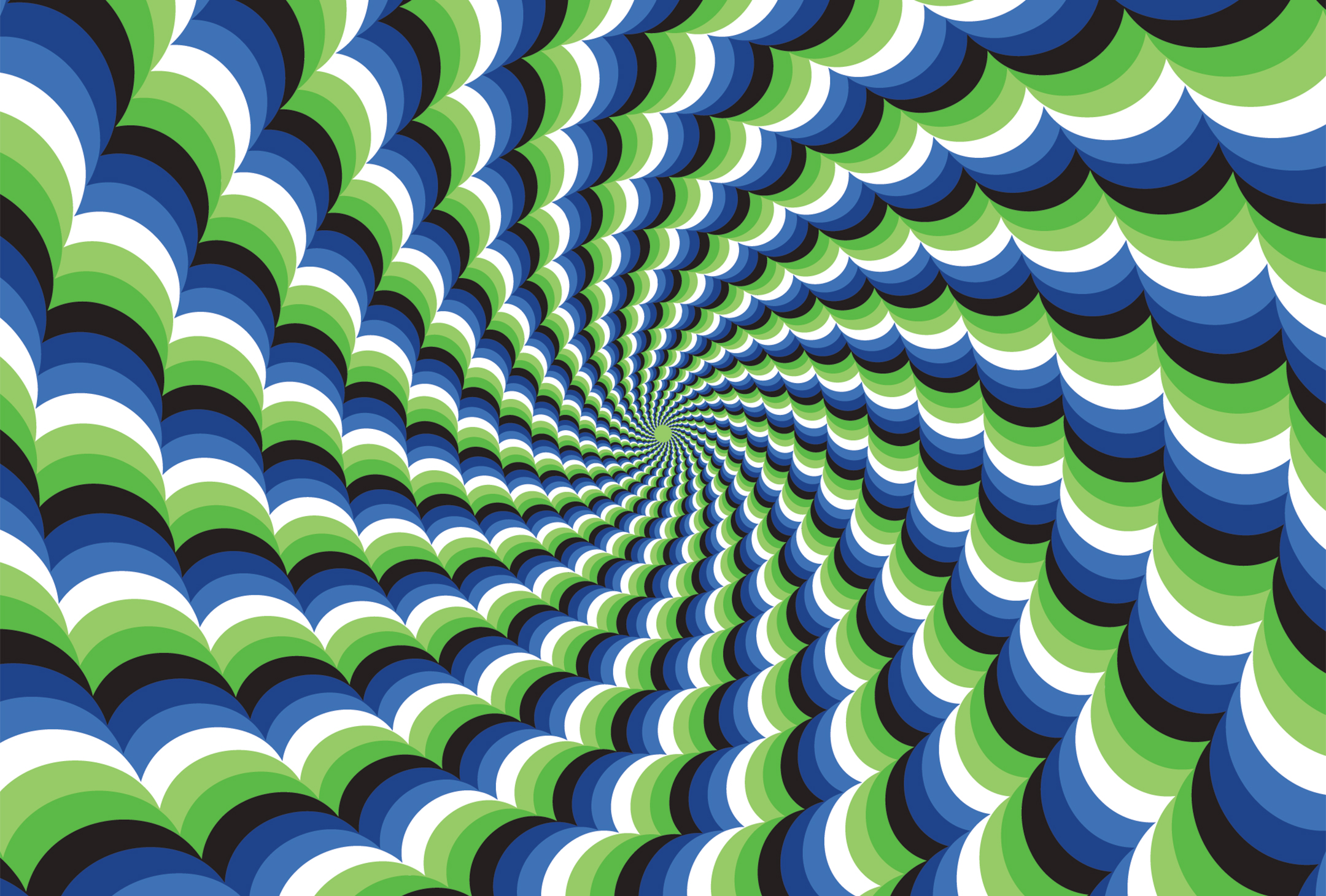 Series of green, white, blue, and black arcs made into an optical illusion to create the sensation that the image is swirling