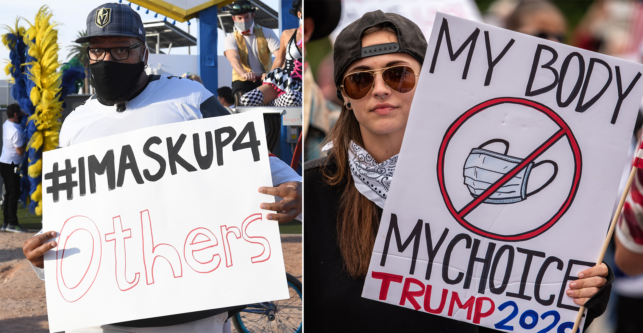 Two photos side by side, on the left a black man holding up a sign that reads #IMASKUP4 Others, and on the right a white woman holding up a sign that reads MY BODY MY CHOICE TRUMP 2020 with a drawing of a crossed out mask in the middle