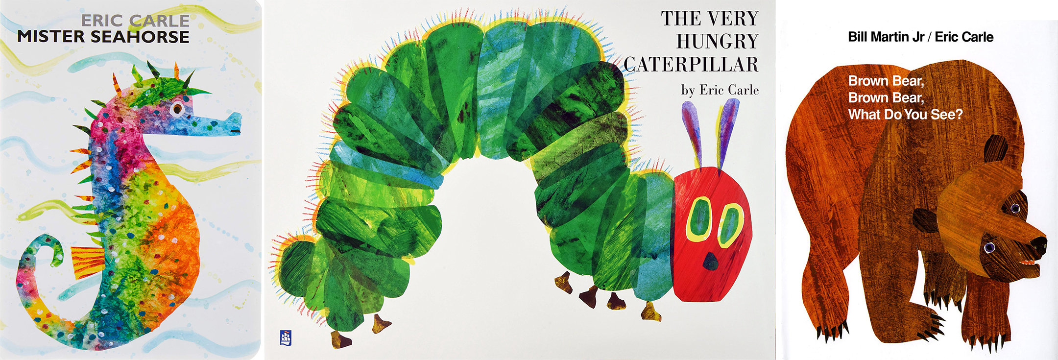Covers of the books, from left, Mr. Seahorse, The Very Hungry Caterpillar, and Brown Bear Brown Bear What Do You See