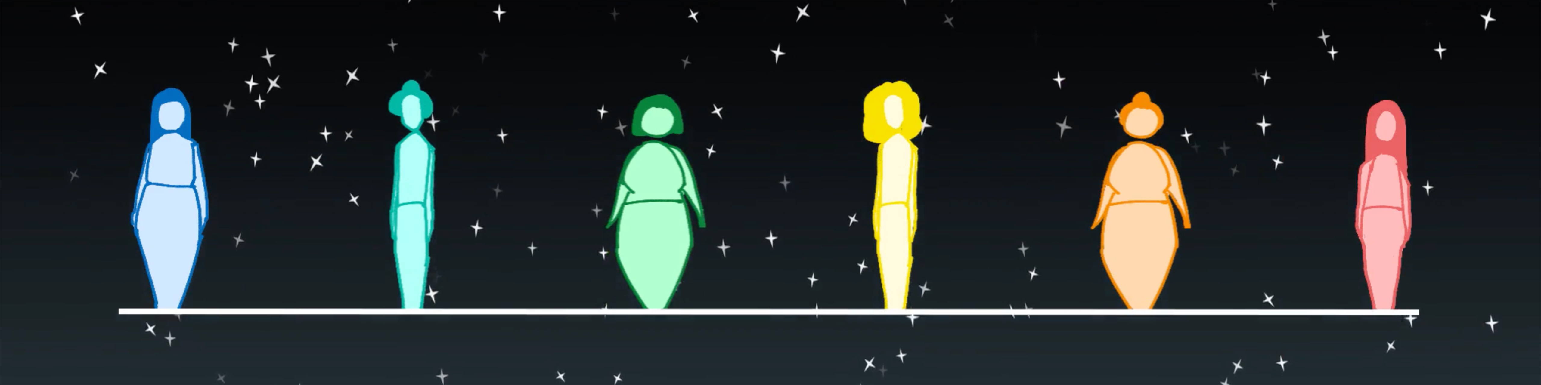 Illustration of six women of different cultures against a starfield background
