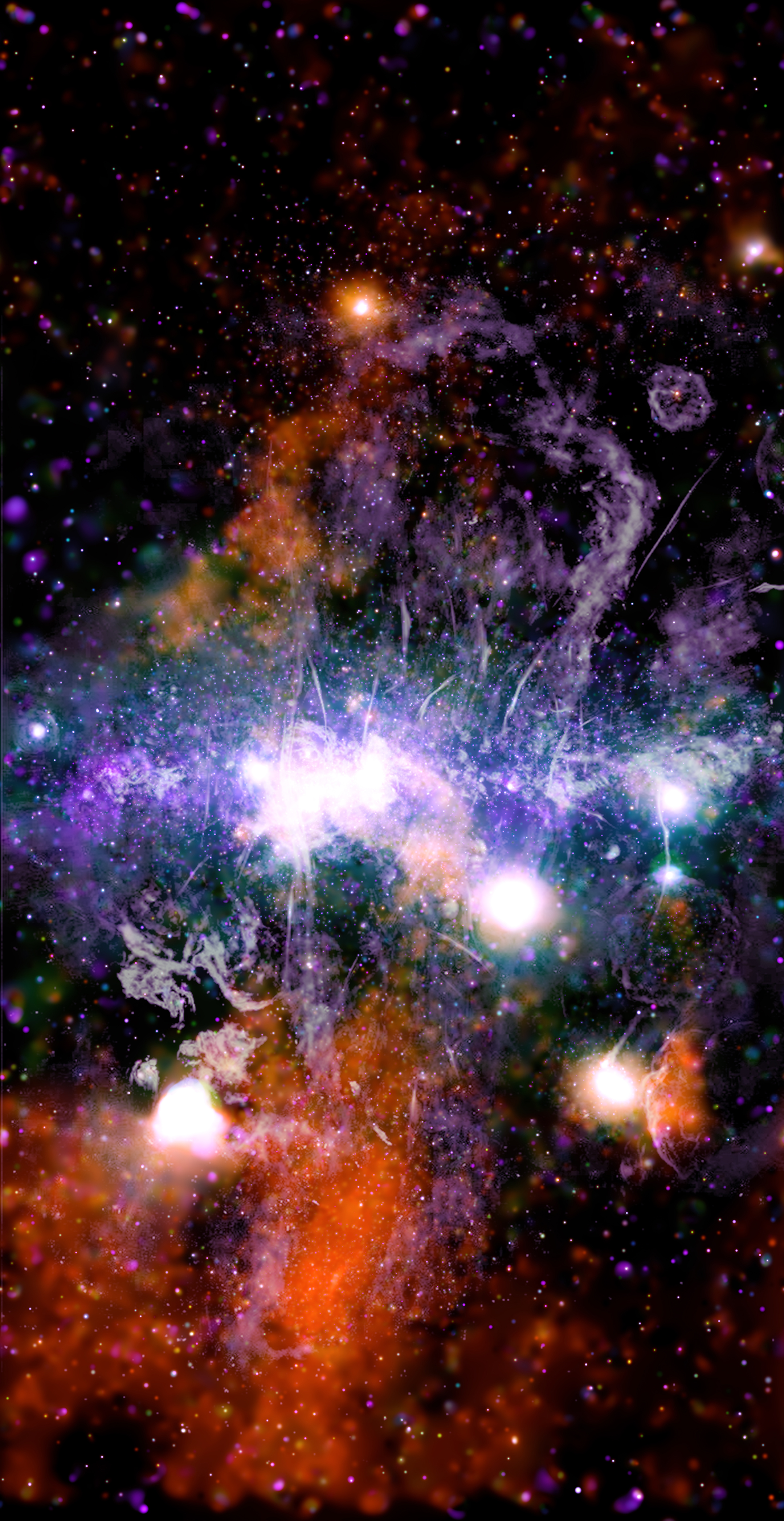 Image of the center of the Milky Way galaxy with a cluster of white stars in a blue cloud in the middle and a sinew of red-orange in the background