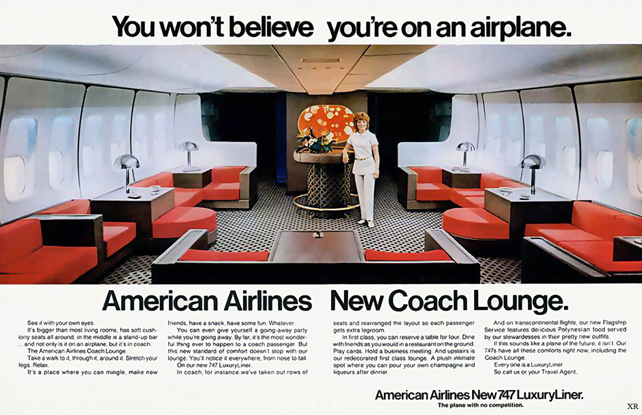 Advertisement from 1971 showing a conceptual illustration of an expansive, living room-like coach cabin in an airplane