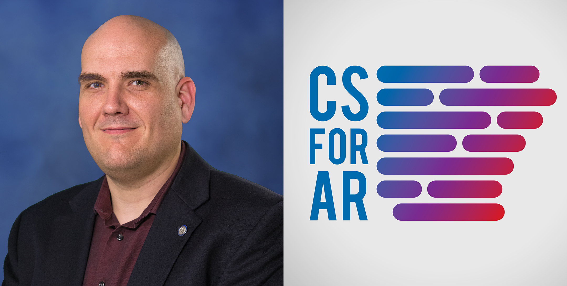 Headshot photo of Anthony Owen on the left, logo for CS for AR on the right
