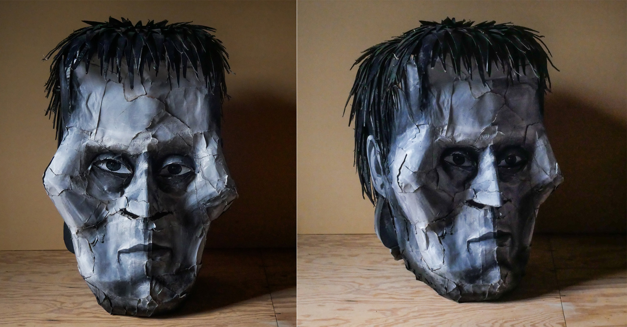 Two photos of a papier-mâché head of lurch from the Addams family 