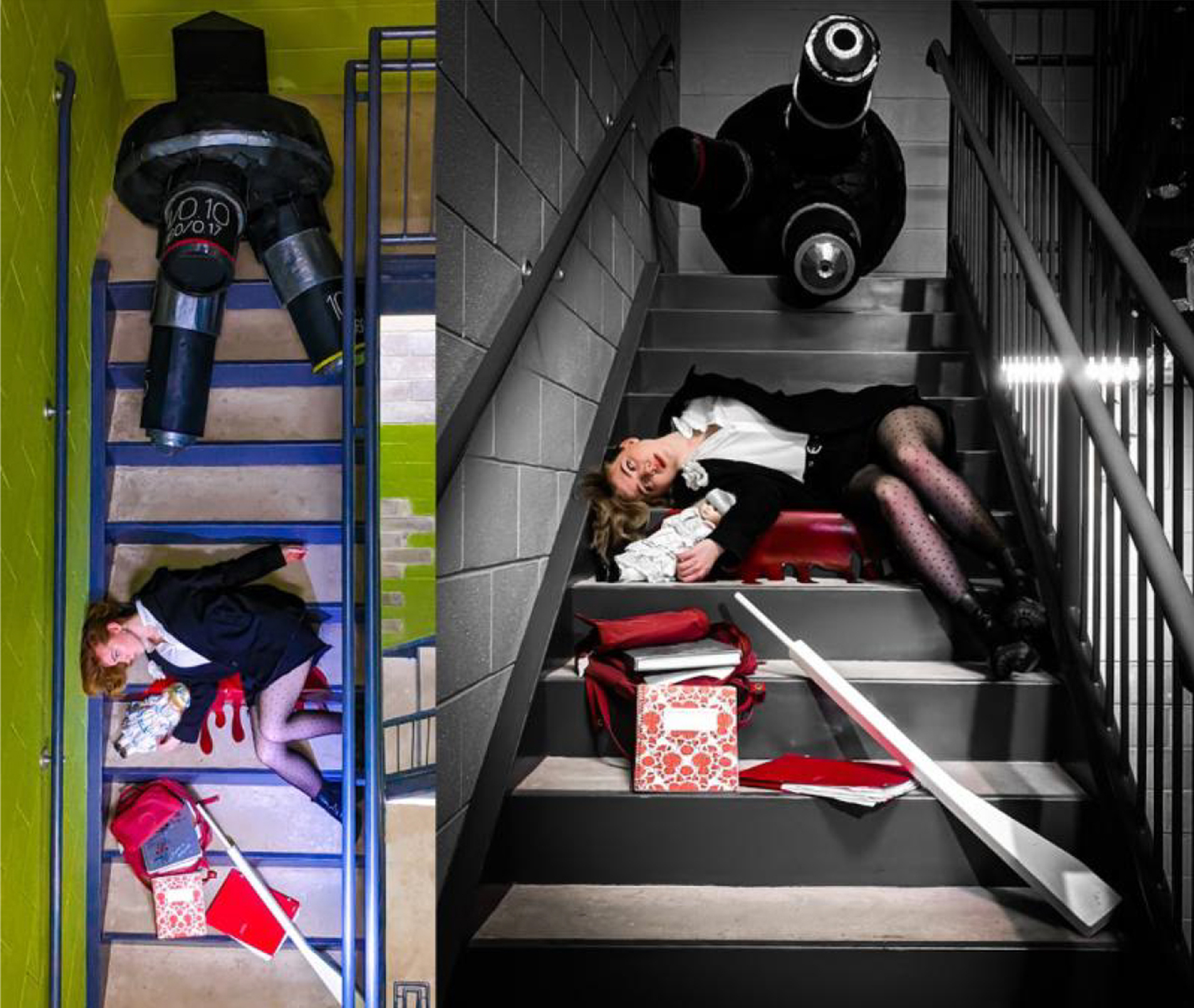Two photos of a staged crime scene on an indoor staircase