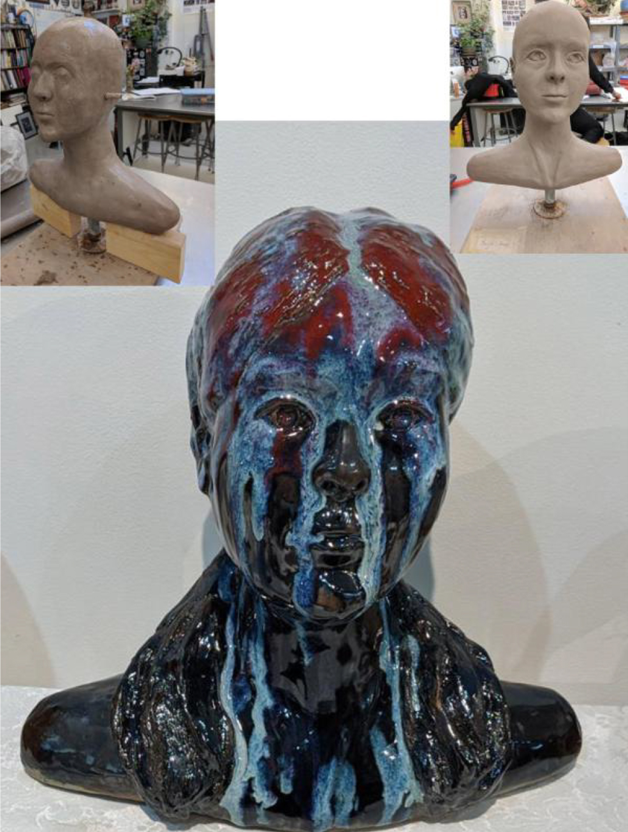 Sculpture of the artist's head, covered in a blue, black, and red glaze to simulate melting