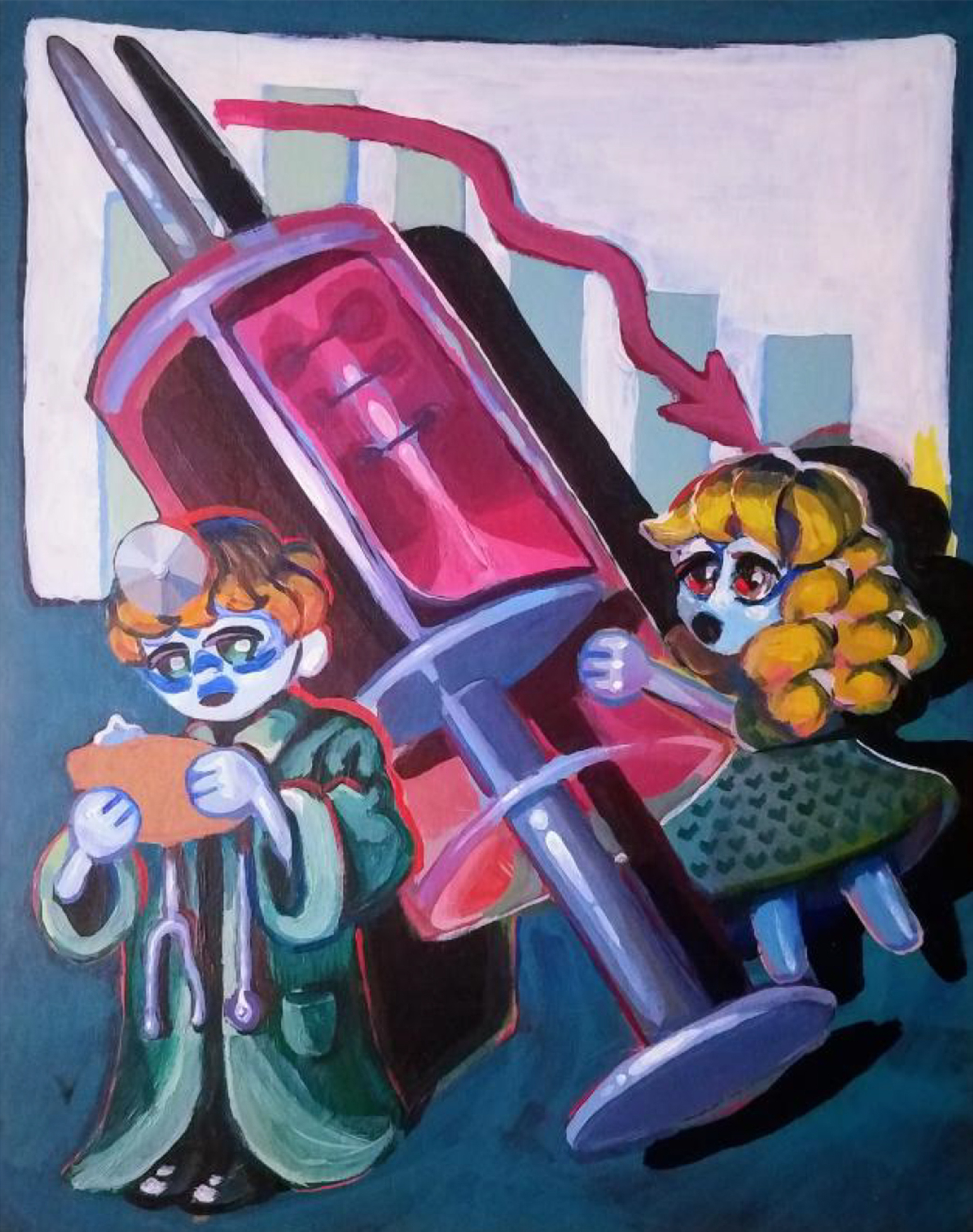 cartoon illustration of a male doctor and female nurse in front of giant syringe filled with pink liquid