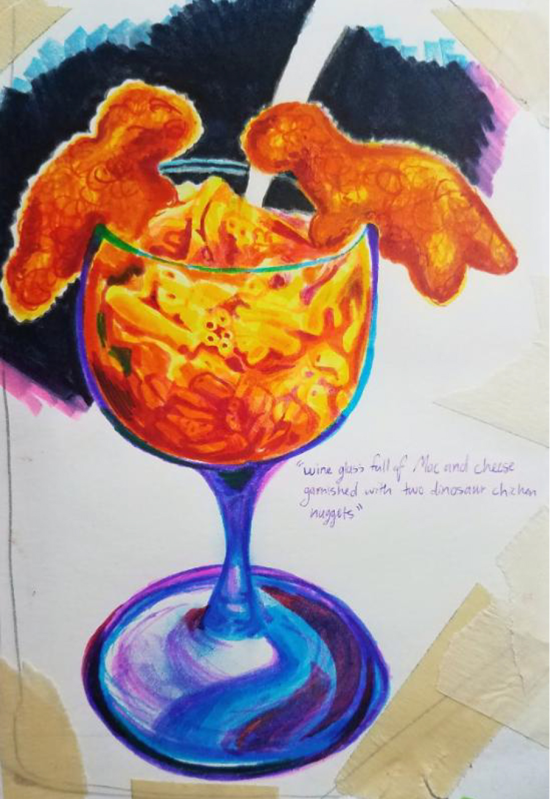 Cartoon illustration of a wine glass with a cheesy food inside