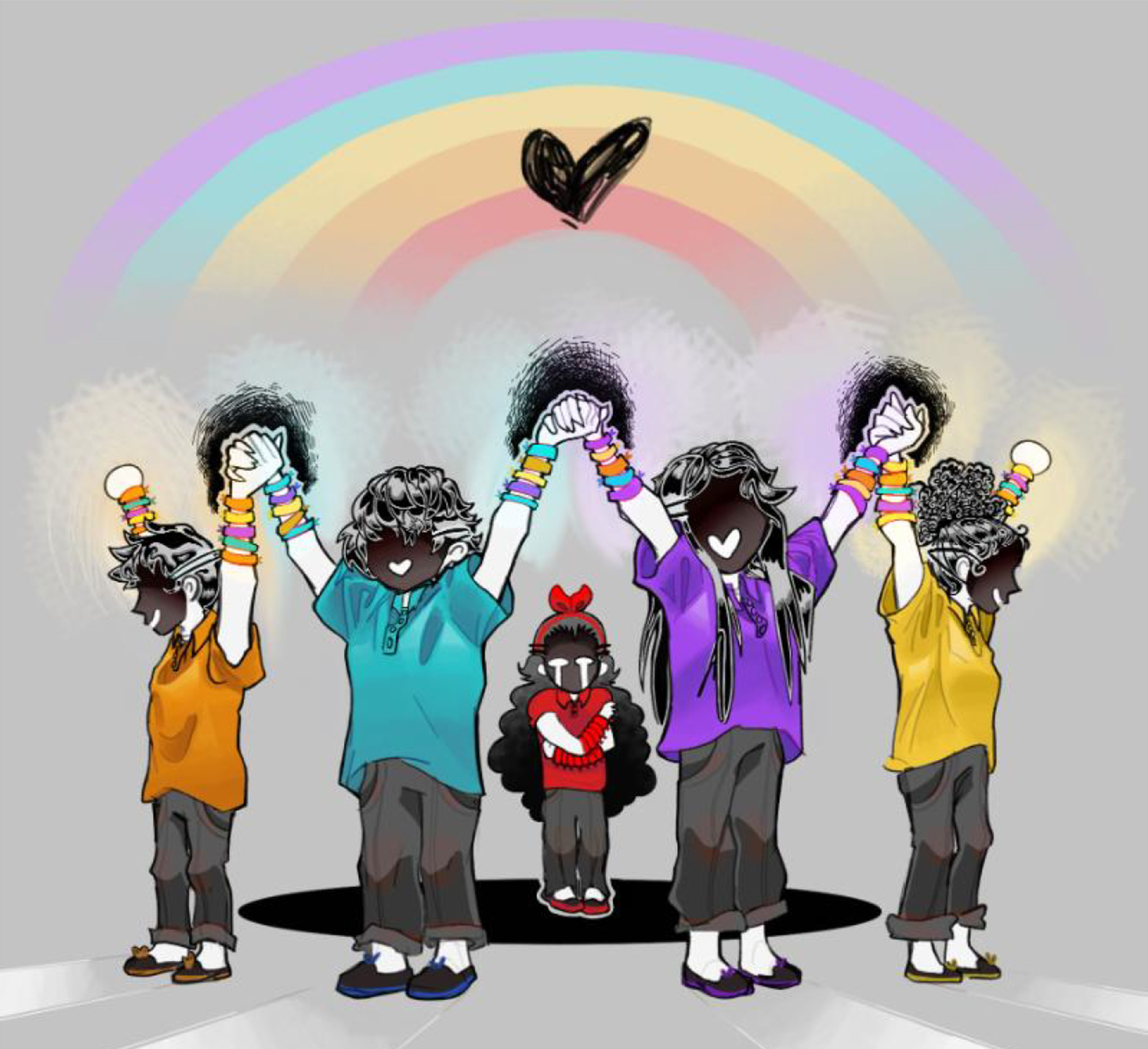 Illustration of four people wearing smiling masks, holding hands with lifted arms with a rainbow in the background and a young woman with a crying mask behind them