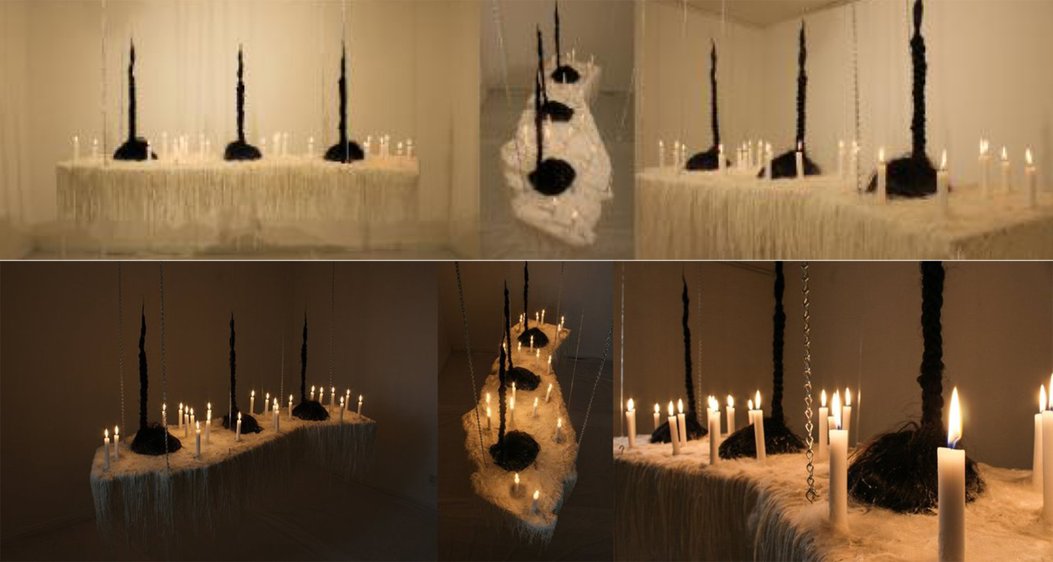 six images, three by three, showing a sculpture in the shape of california covered in wax and lit candles