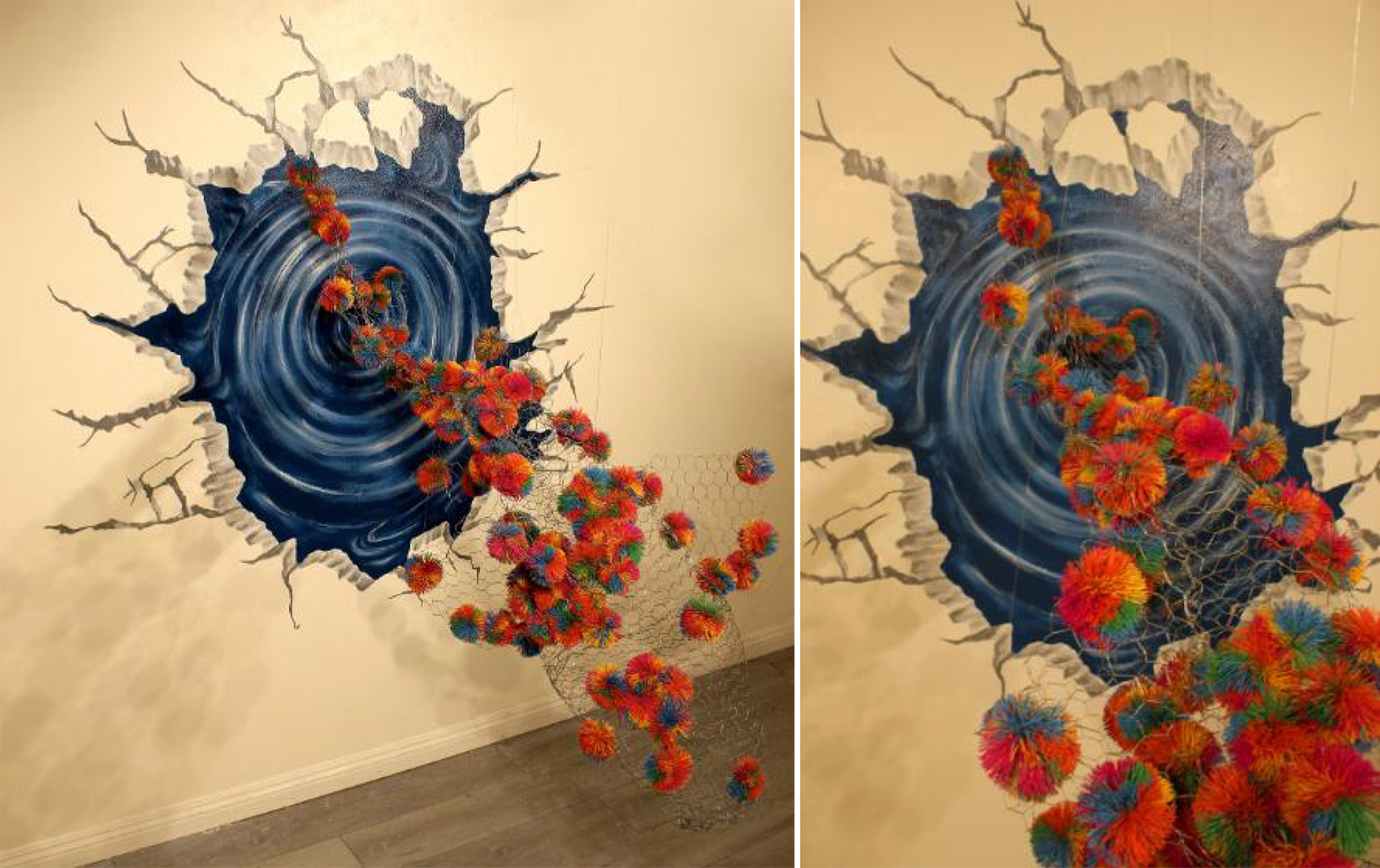 Two photos showing views of a sculpture of red balls coming out of a portion of a wall painted blue