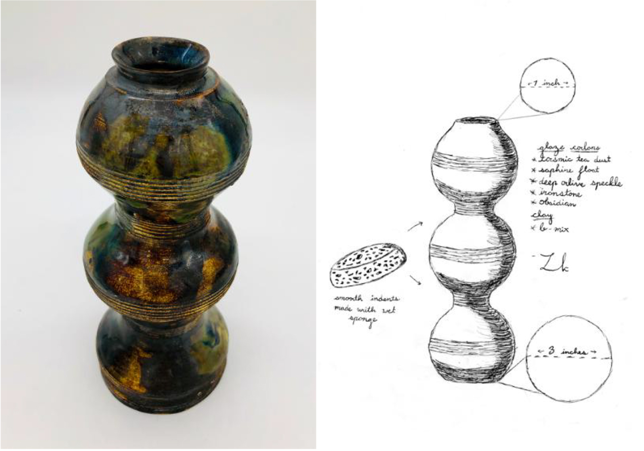 photo of a bottle with two bumpy nodes on the left, a sketch of the bottle on the right