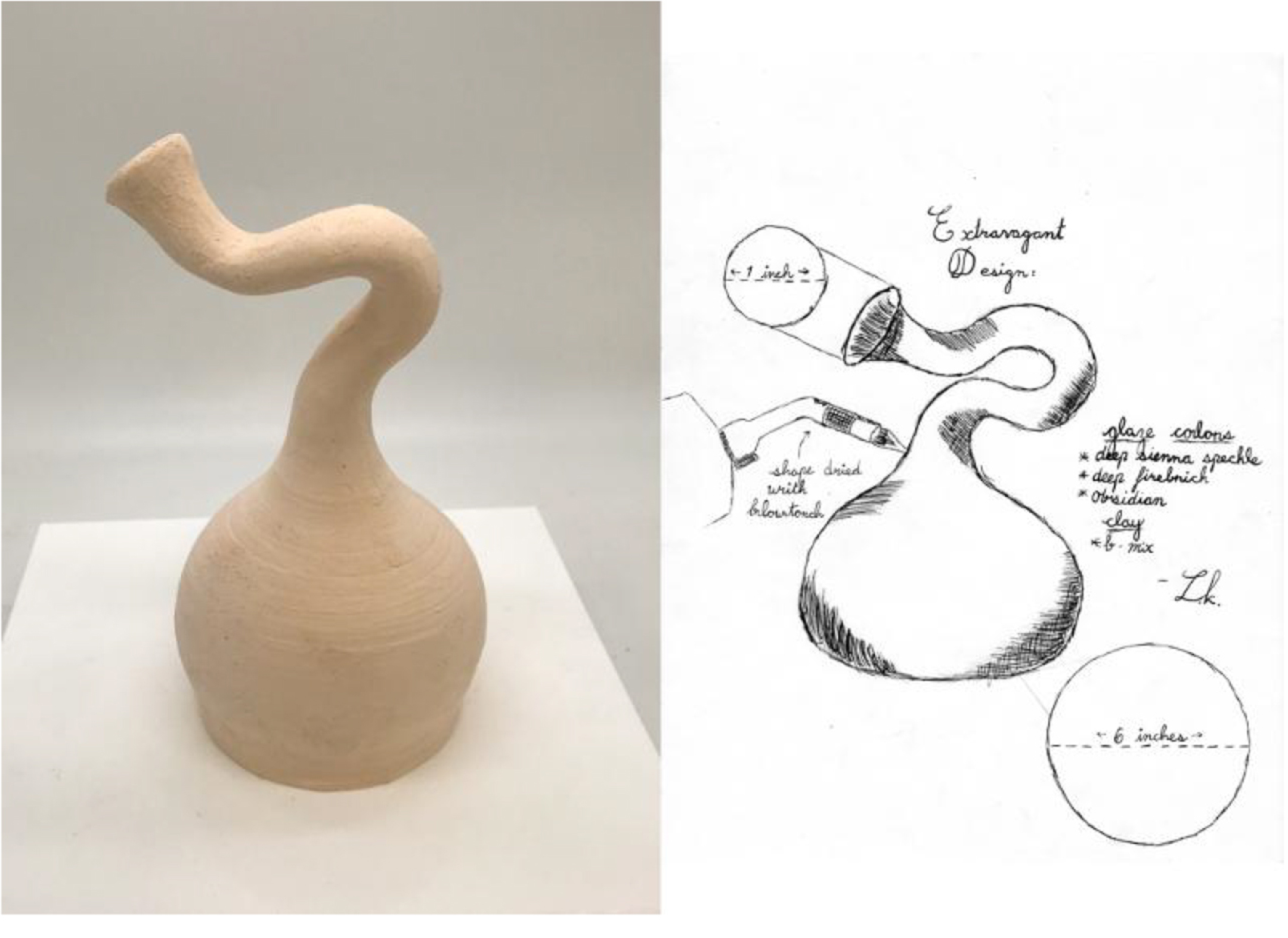 bottle with a twisty neck on the left, sketch of the bottle on the right