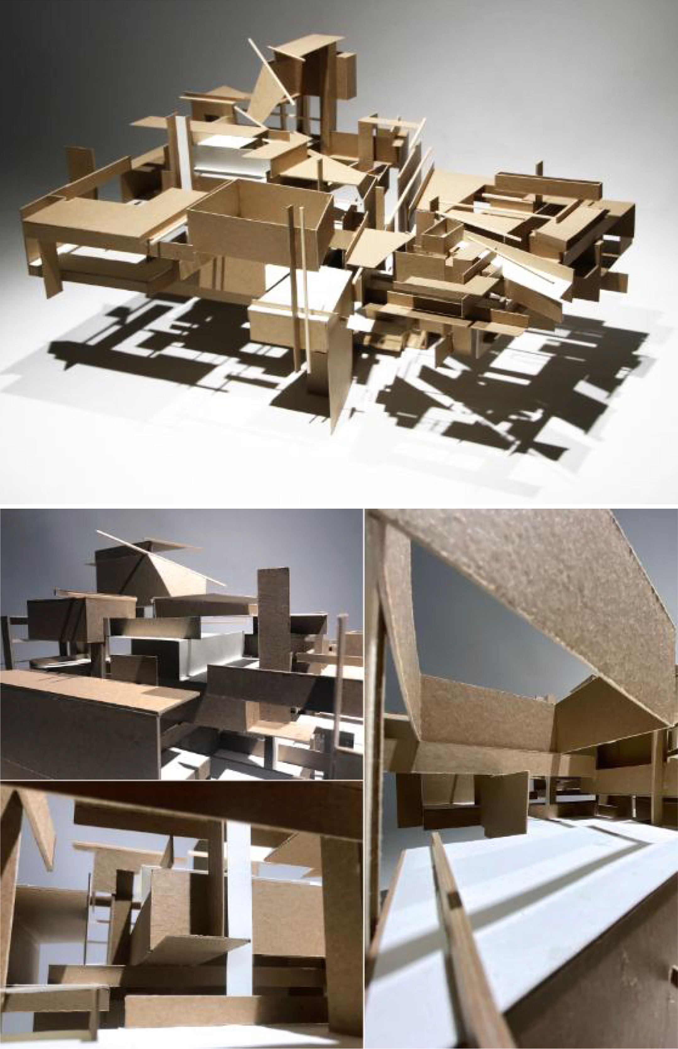 Photo of an abstract cardboard structure, resembling a box exploding in all directions, with process photos below it