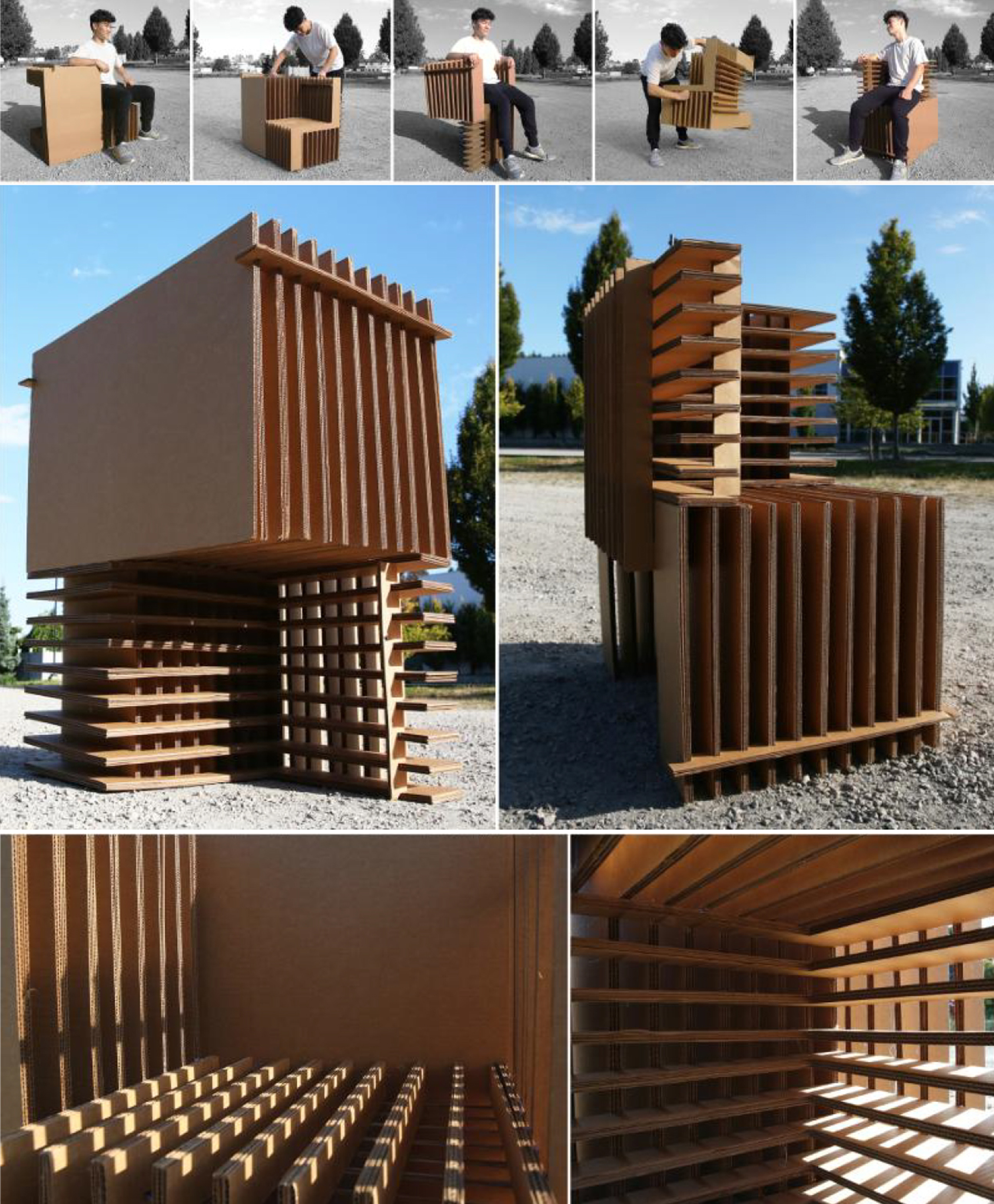 Series of photos of a chair made from corrugated cardboard