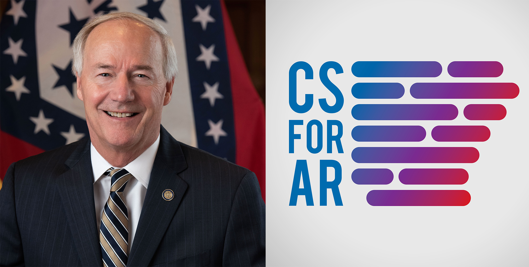 Headshot of Asa Hutchinson on the left, the CS for AR logo in on the right